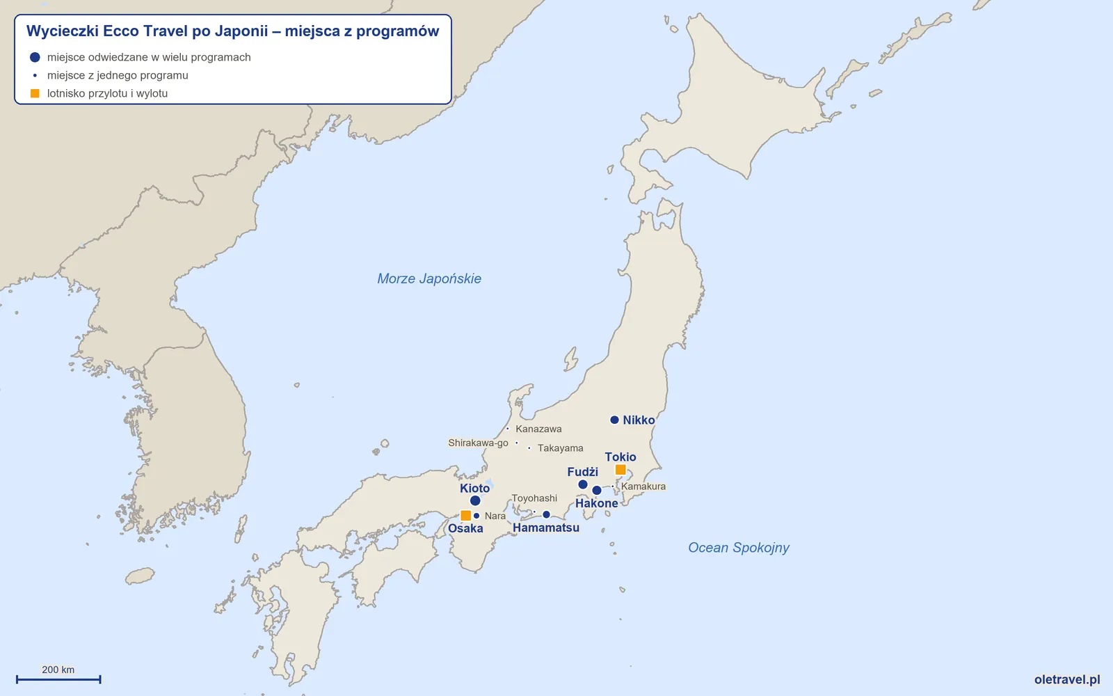 Mapa: Japonia z miejscami z programów wycieczek objazdowych Ecco Travel