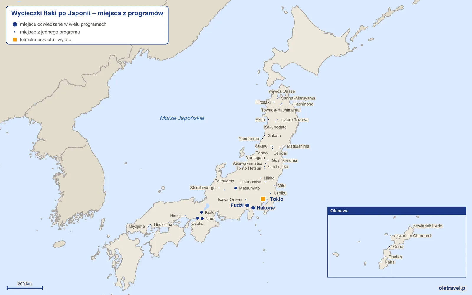 Mapa: Japonia z miejscami z programów wycieczek objazdowych Itaki