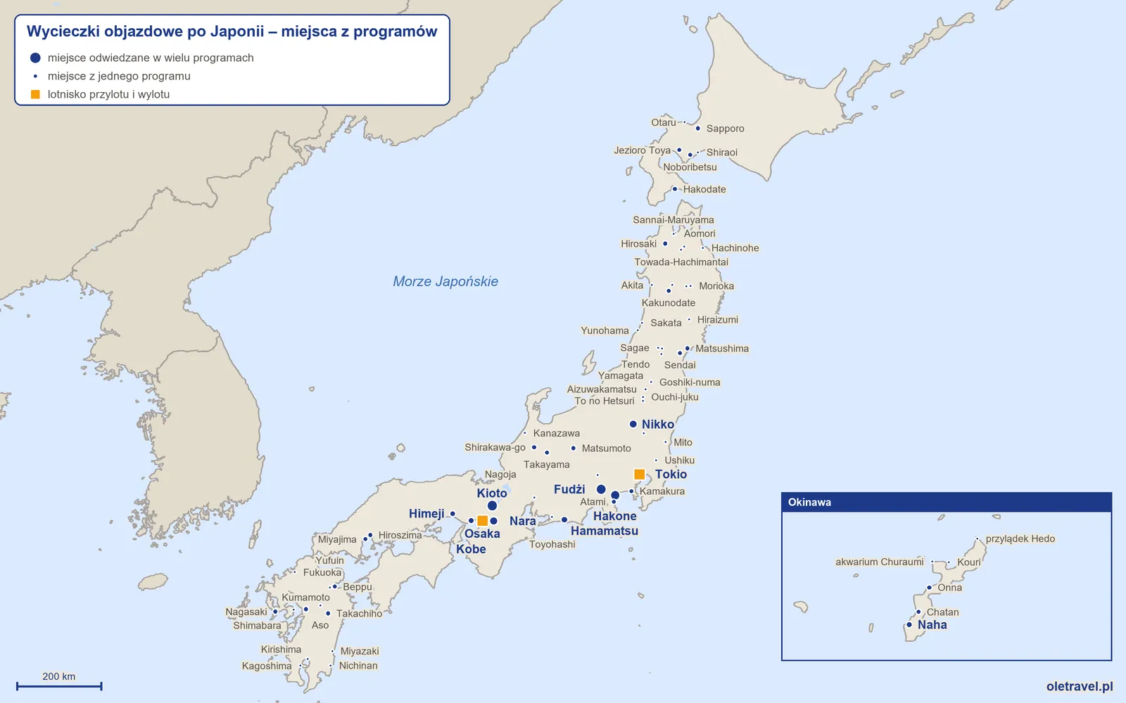 Mapa: Japonia z miejscami odwiedzanymi na wycieczkach objazdowych z naszej oferty