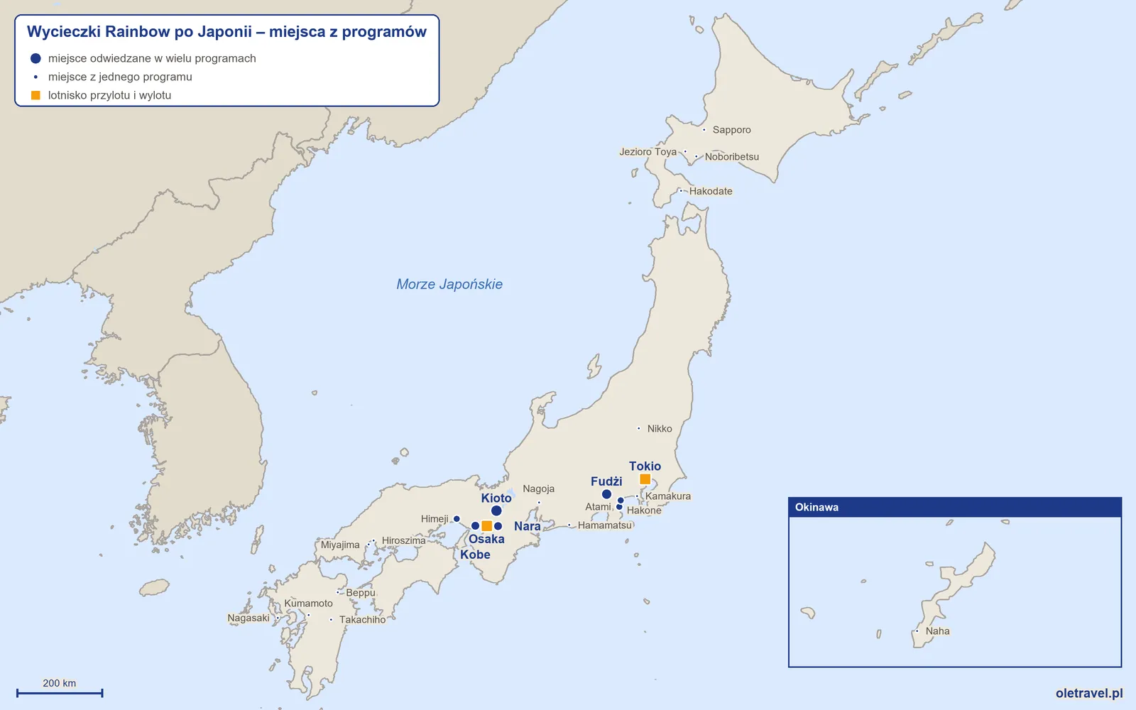 Mapa: Japonia z miejscami z programów wycieczek objazdowych Rainbow