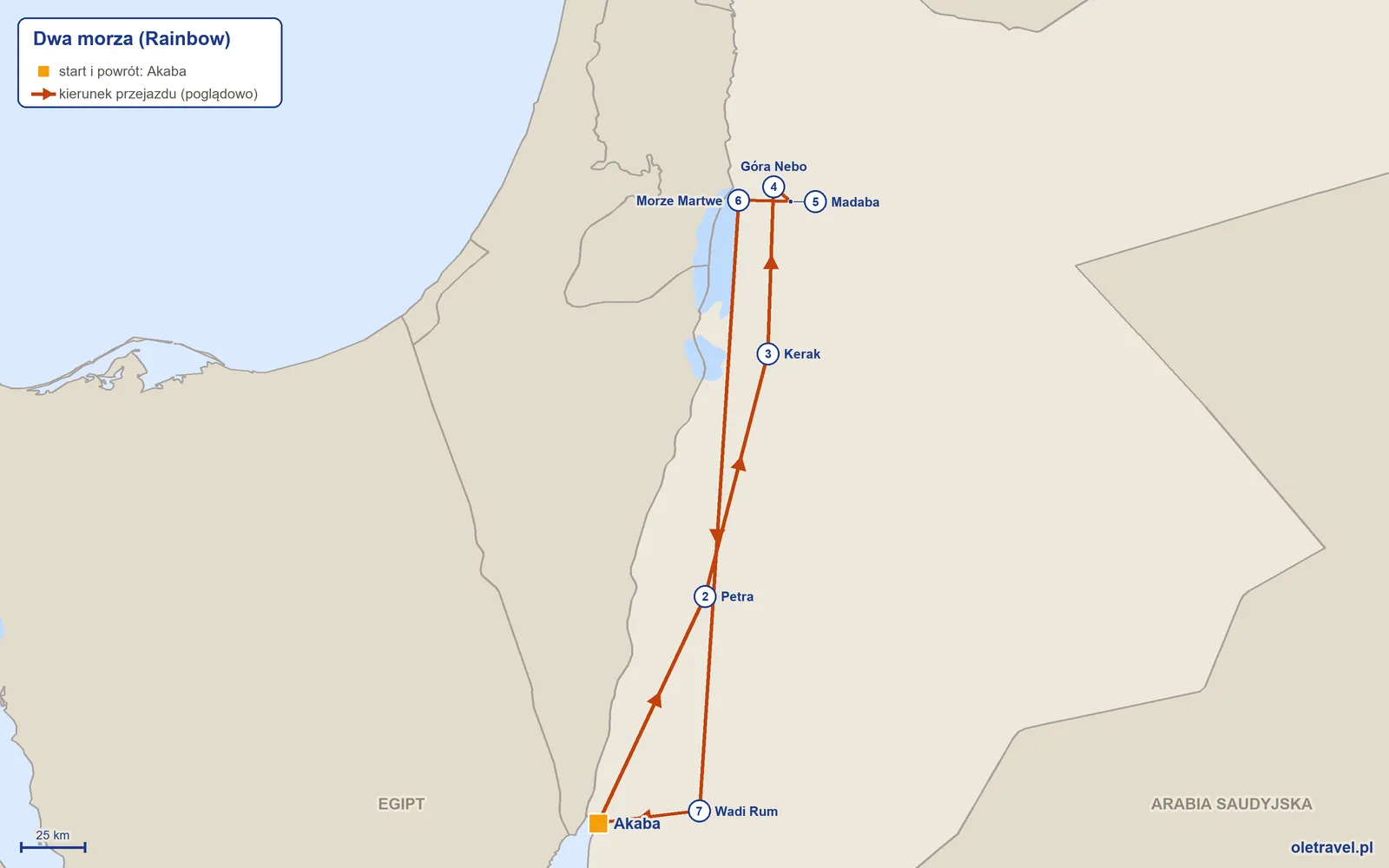 Mapa trasy wycieczki „Dwa morza” z Rainbow: Akaba – Petra – Kerak – Góra Nebo – Madaba – Morze Martwe – Wadi Rum – Akaba