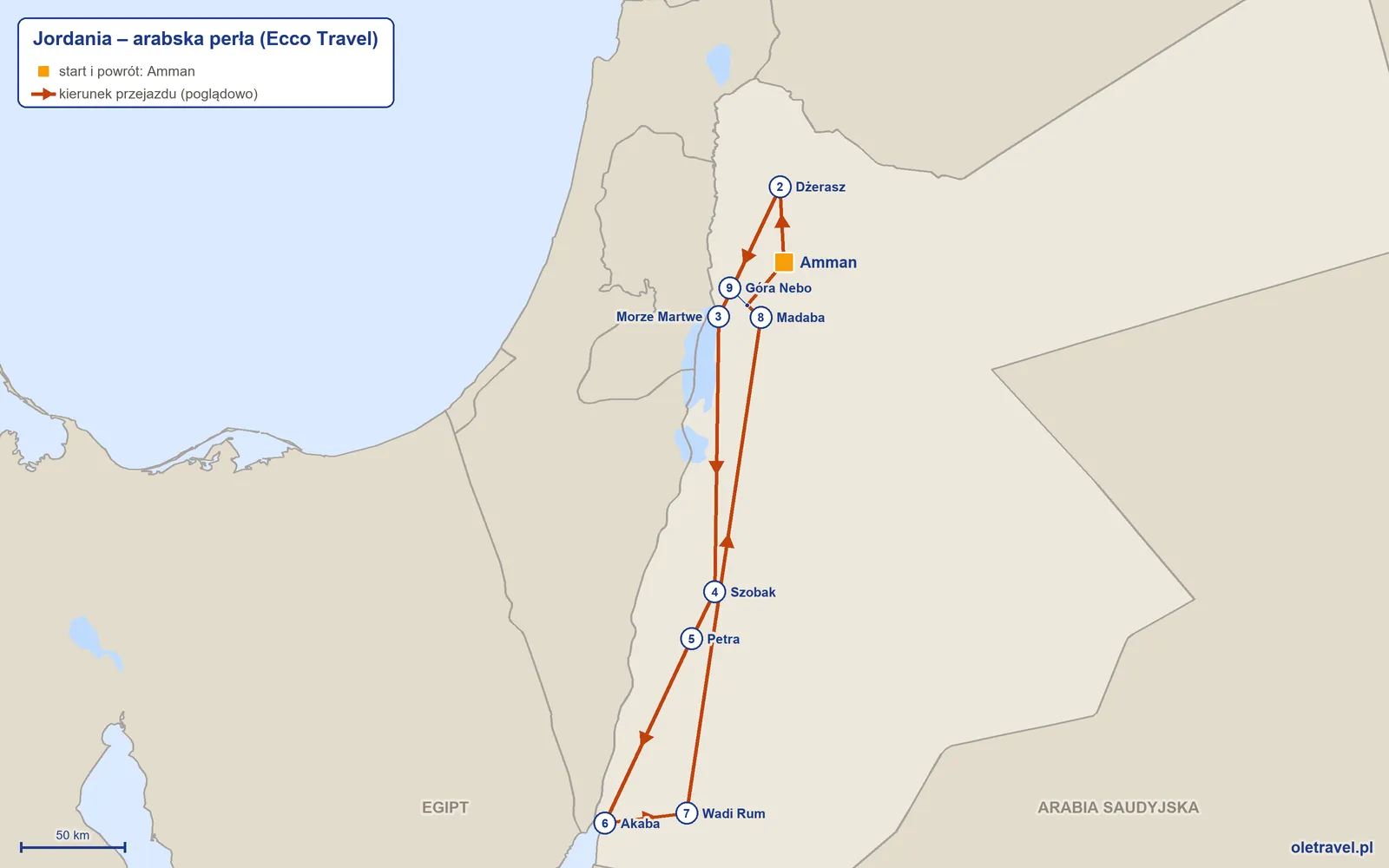 Mapa trasy wycieczki „Jordania – arabska perła” z Ecco Travel: Amman – Dżerasz – Morze Martwe – Szobak – Petra – Akaba – Wadi Rum – Madaba – Góra Nebo – Amman