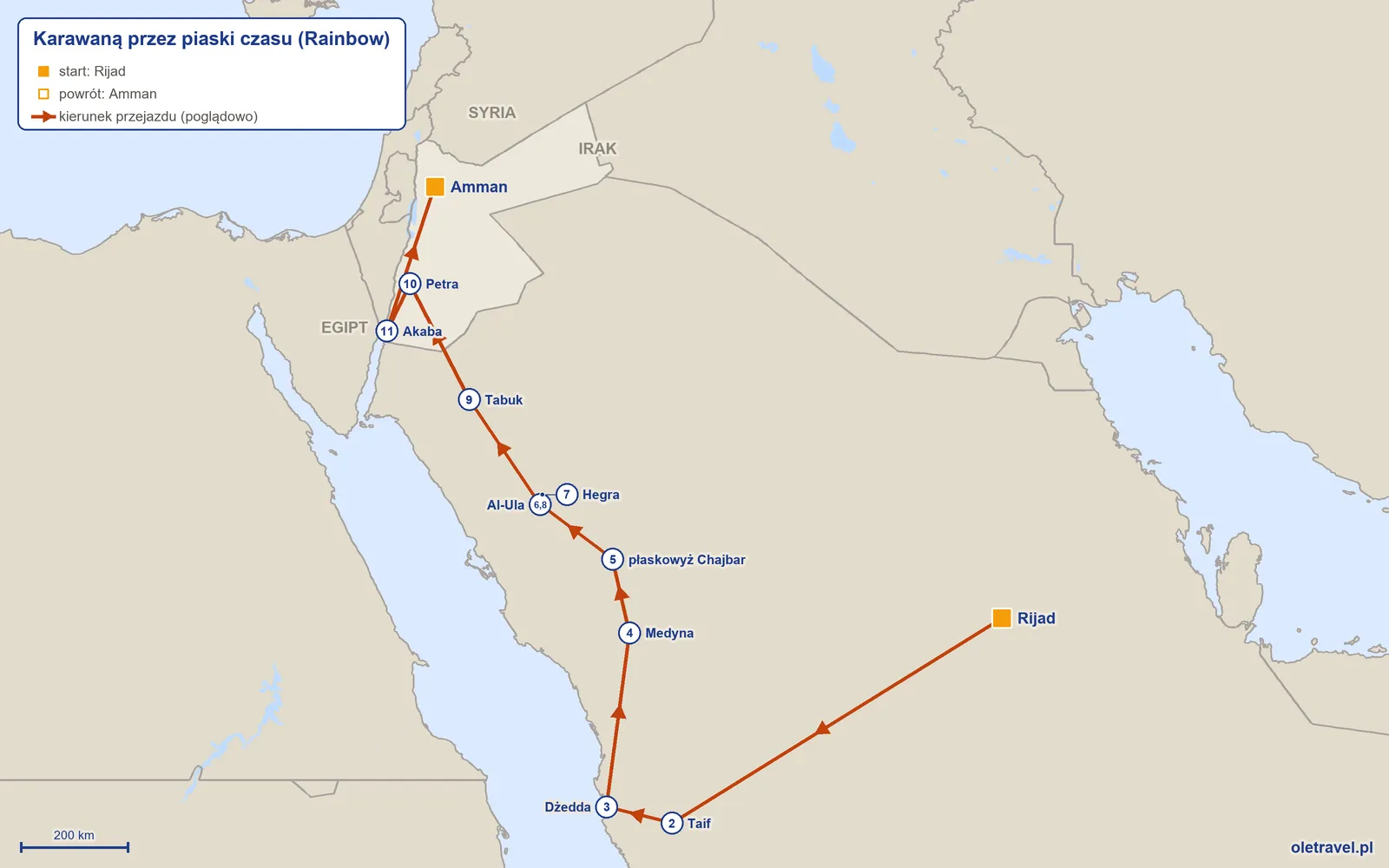Mapa trasy wycieczki „Karawaną przez piaski czasu” z Rainbow: Rijad – Taif – Dżedda – Medyna – płaskowyż Chajbar – Al-Ula – Hegra – Al-Ula – Tabuk – Petra – Akaba – Amman