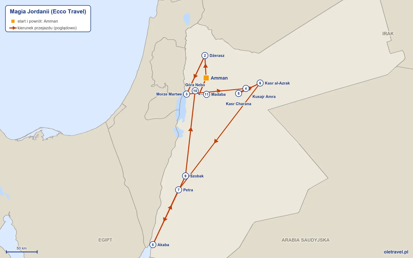 Mapa trasy wycieczki „Magia Jordanii” z Ecco Travel: Amman – Dżerasz – Morze Martwe – Kusajr Amra – Kasr Charana – Kasr al-Azrak – Petra – Akaba – Szobak – Góra Nebo – Madaba – Amman