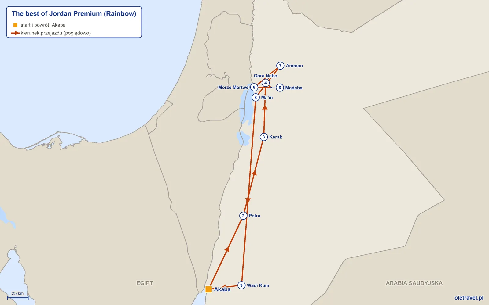 Mapa trasy wycieczki „The best of Jordan Premium” z Rainbow: Akaba – Petra – Kerak – Góra Nebo – Madaba – Morze Martwe – Amman – Ma’in – Wadi Rum – Akaba