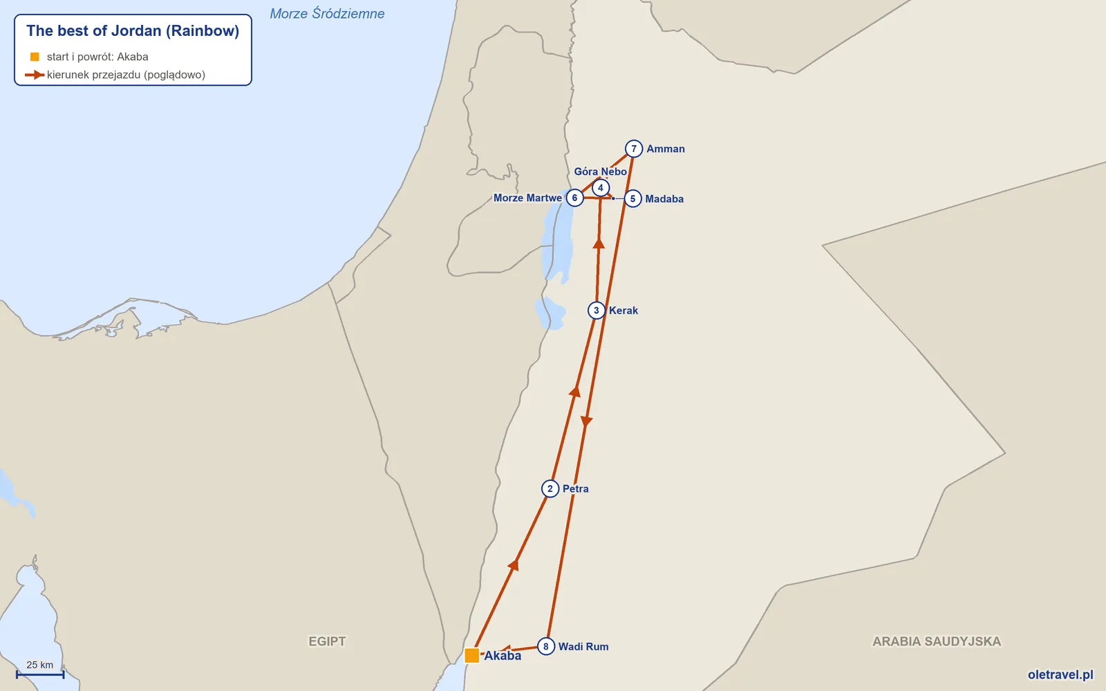 Mapa trasy wycieczki „The best of Jordan” z Rainbow: Akaba – Petra – Kerak – Góra Nebo – Madaba – Morze Martwe – Amman – Wadi Rum – Akaba