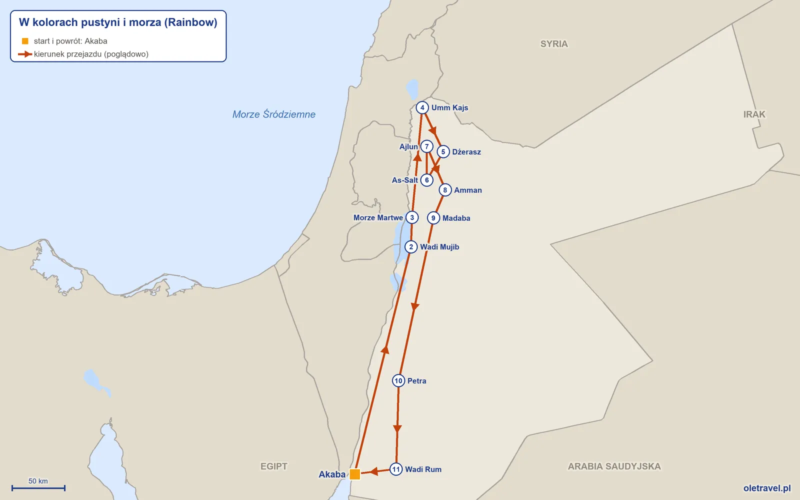Mapa trasy wycieczki „W kolorach pustyni i morza” z Rainbow: Akaba – Wadi Mujib – Morze Martwe – Umm Kajs – Dżerasz – As-Salt – Ajlun – Amman – Madaba – Petra – Wadi Rum – Akaba