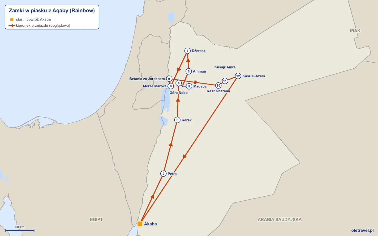Mapa trasy wycieczki „Zamki w piasku z Aqaby” z Rainbow: Akaba – Petra – Kerak – Góra Nebo – Madaba – Amman – Dżerasz – Morze Martwe – Betania za Jordanem – Kasr Charana – Kusajr Amra – Kasr al-Azrak – Akaba