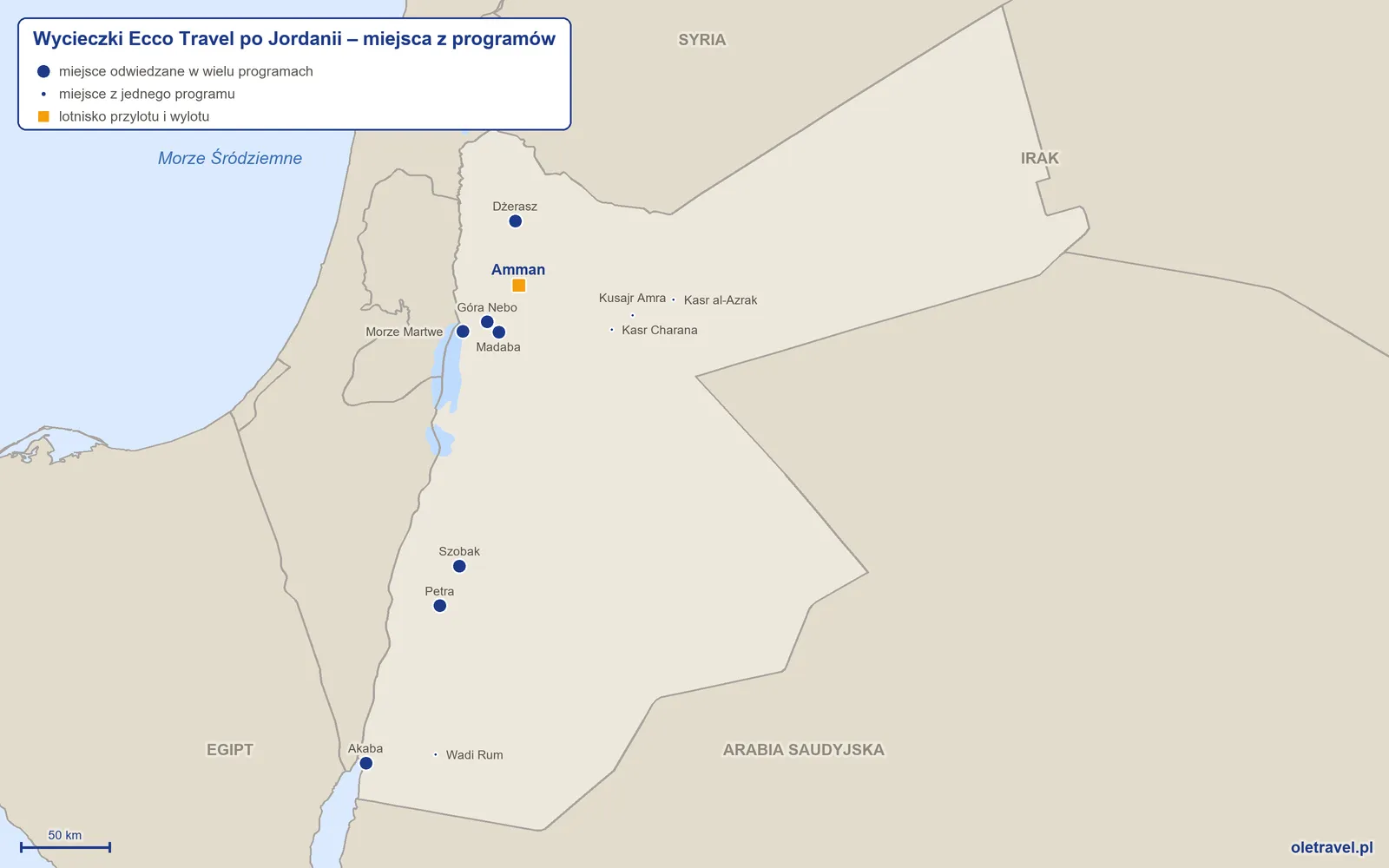 Mapa: Jordania z miejscami z programów wycieczek objazdowych Ecco Travel