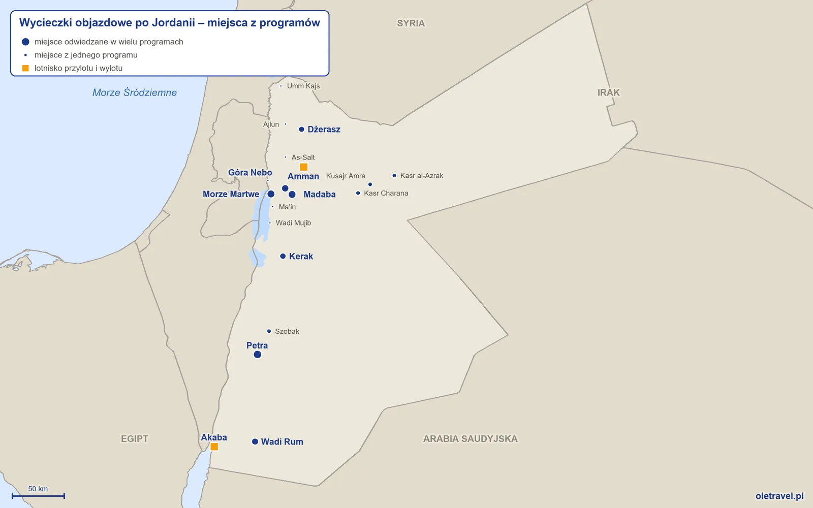 Mapa: Jordania z miejscami odwiedzanymi na wycieczkach objazdowych z naszej oferty