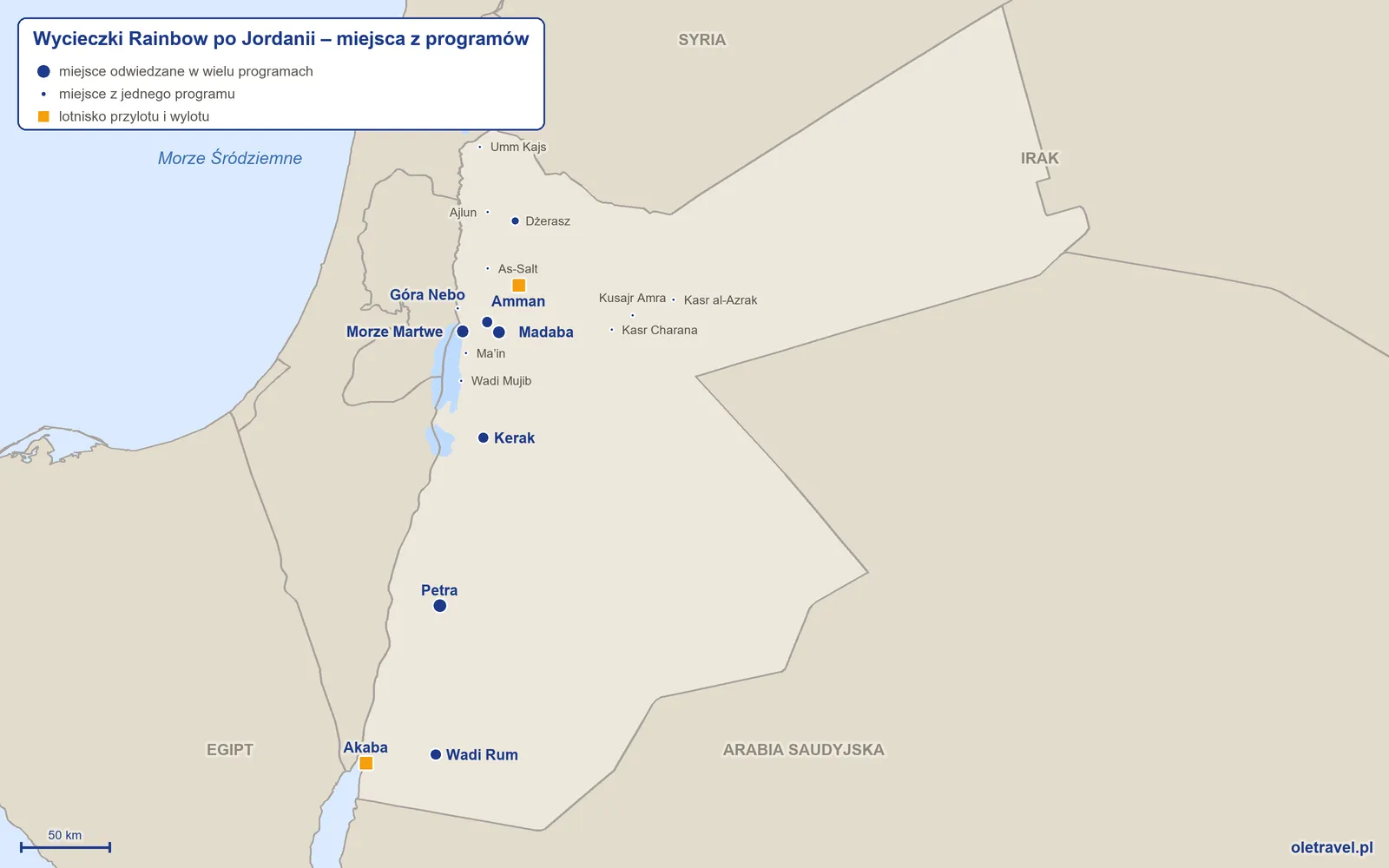 Mapa: Jordania z miejscami z programów wycieczek objazdowych Rainbow
