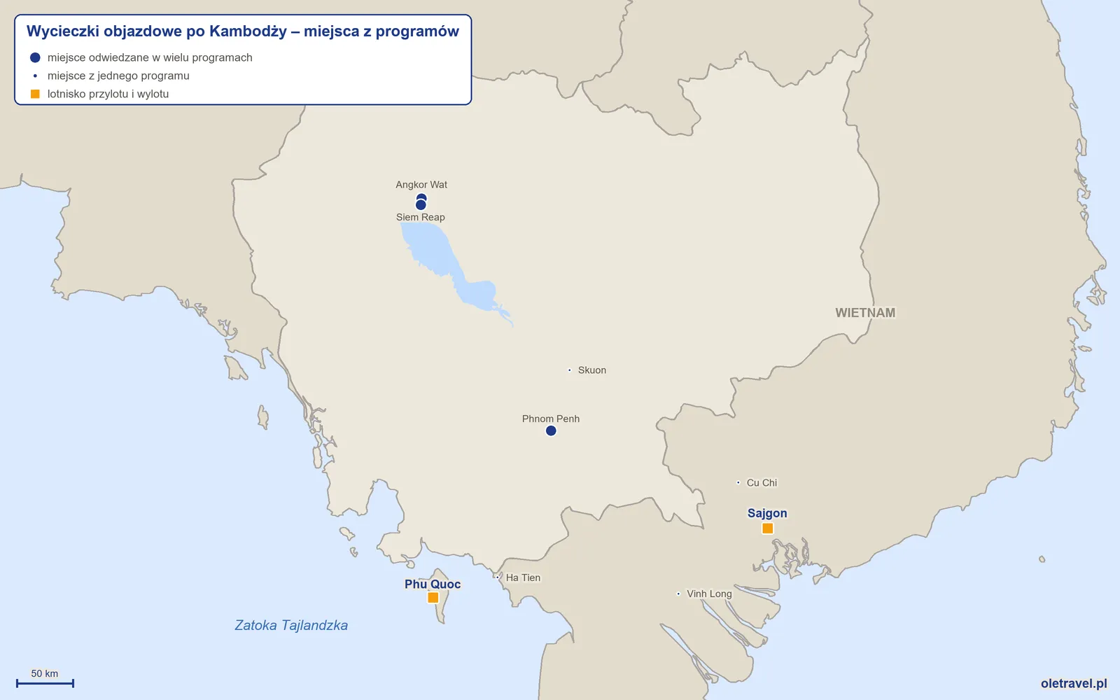 Mapa: Kambodża z miejscami odwiedzanymi na wycieczkach objazdowych z naszej oferty