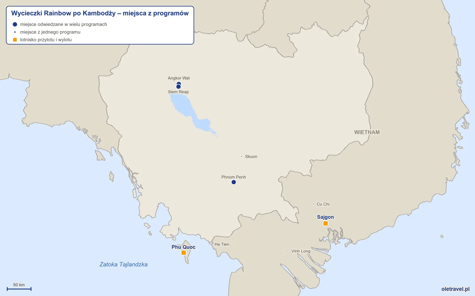Mapa: Kambodża z miejscami z programów wycieczek objazdowych Rainbow