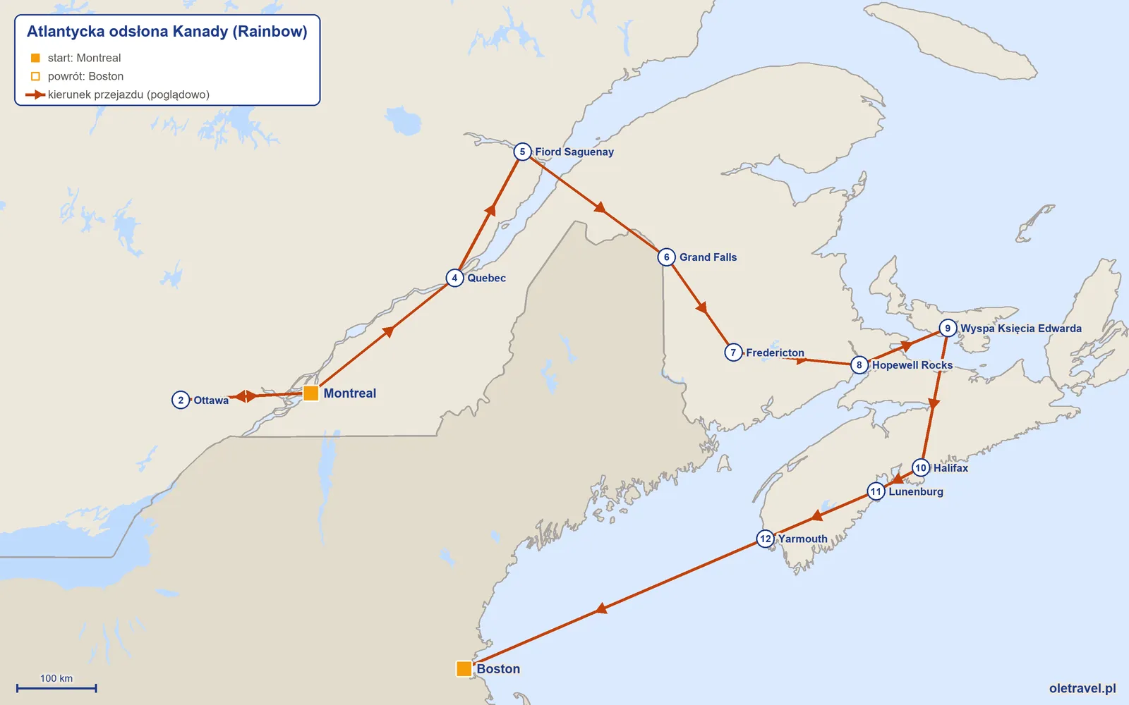 Mapa trasy wycieczki „Atlantycka odsłona Kanady” z Rainbow: Montreal – Ottawa – Montreal – Quebec – Fiord Saguenay – Grand Falls – Fredericton – Hopewell Rocks – Wyspa Księcia Edwarda – Halifax – Lunenburg – Yarmouth – Boston