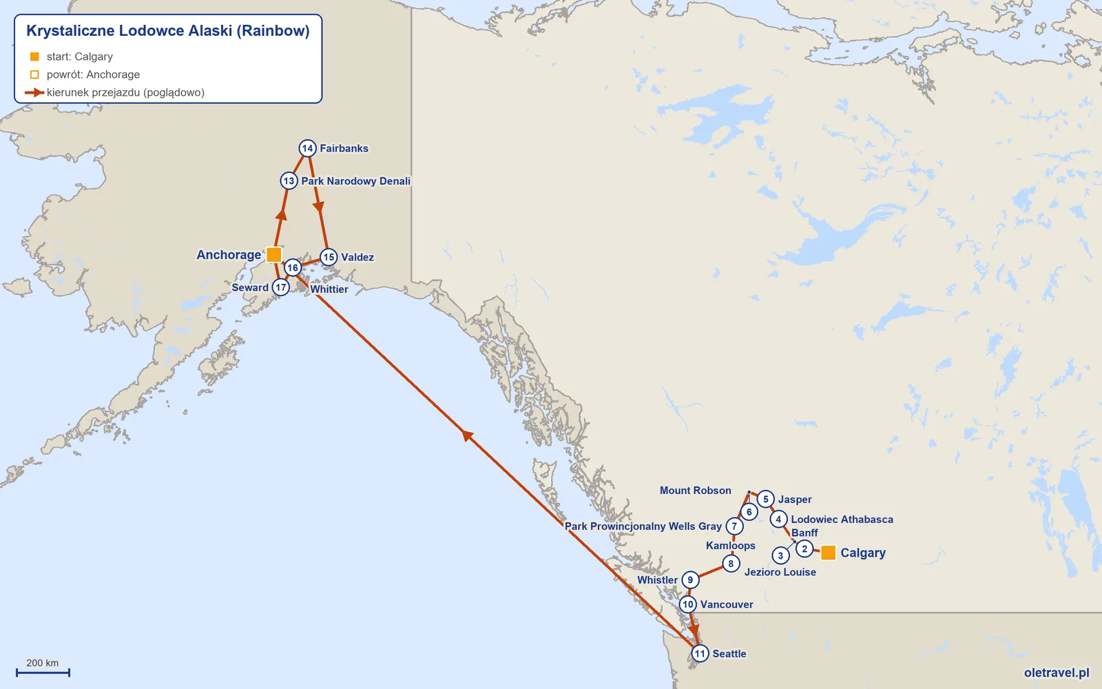 Mapa trasy wycieczki „Krystaliczne Lodowce Alaski” z Rainbow: Calgary – Banff – Jezioro Louise – Lodowiec Athabasca – Jasper – Mount Robson – Park Prowincjonalny Wells Gray – Kamloops – Whistler – Vancouver – Seattle – Anchorage – Park Narodowy Denali – Fairbanks – Valdez – Whittier – Seward – Anchorage