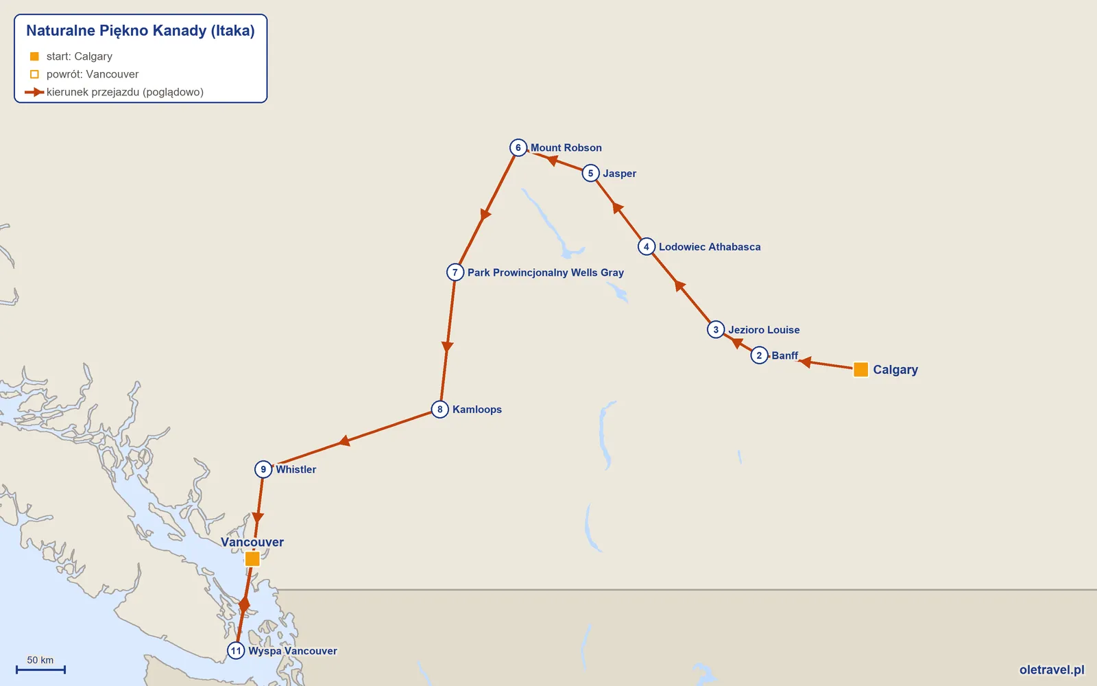 Mapa trasy wycieczki „Naturalne Piękno Kanady” z Itaką: Calgary – Banff – Jezioro Louise – Lodowiec Athabasca – Jasper – Mount Robson – Park Prowincjonalny Wells Gray – Kamloops – Whistler – Vancouver – Wyspa Vancouver – Vancouver
