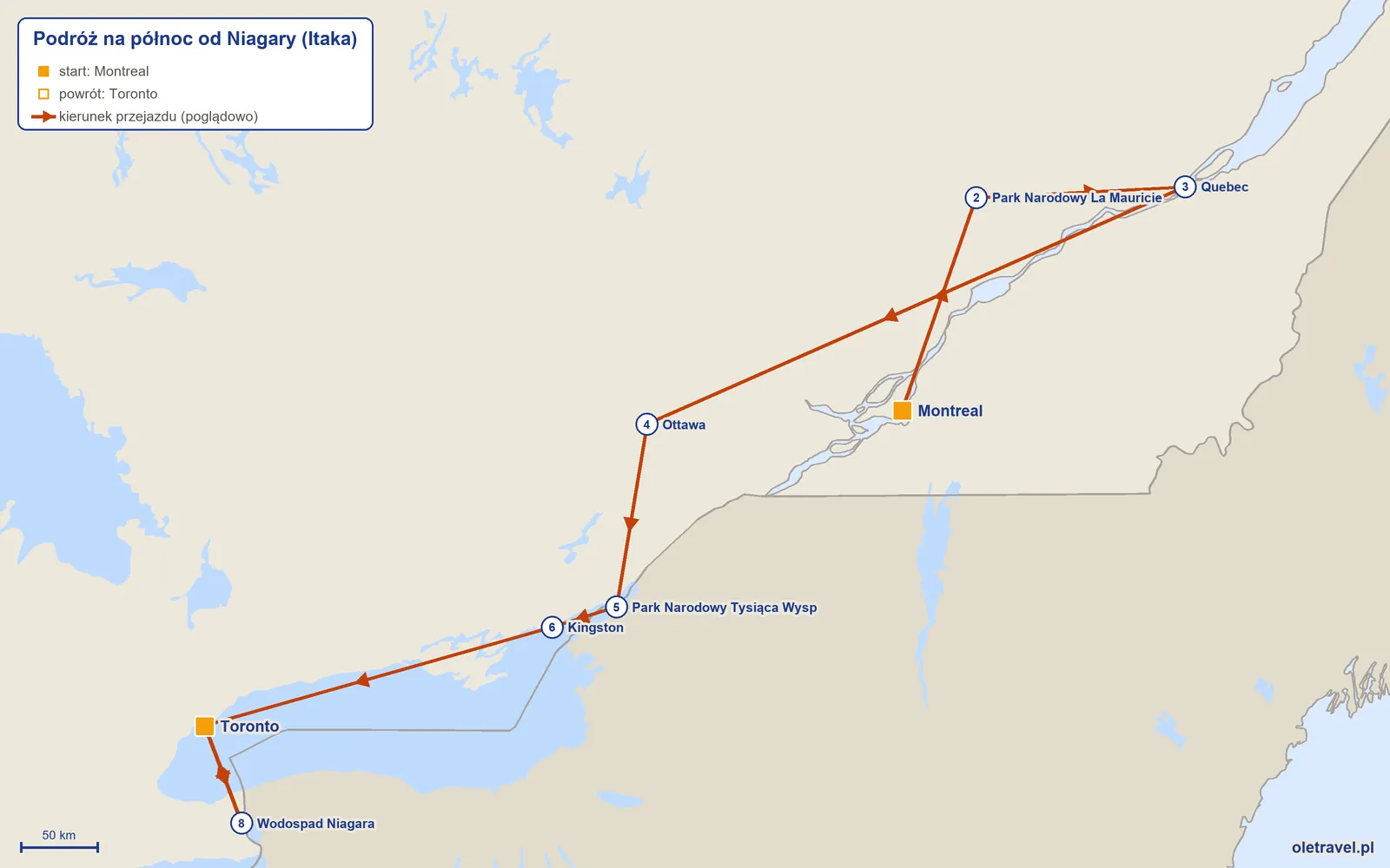 Mapa trasy wycieczki „Podróż na północ od Niagary” z Itaką: Montreal – Park Narodowy La Mauricie – Quebec – Ottawa – Park Narodowy Tysiąca Wysp – Kingston – Toronto – Wodospad Niagara – Toronto