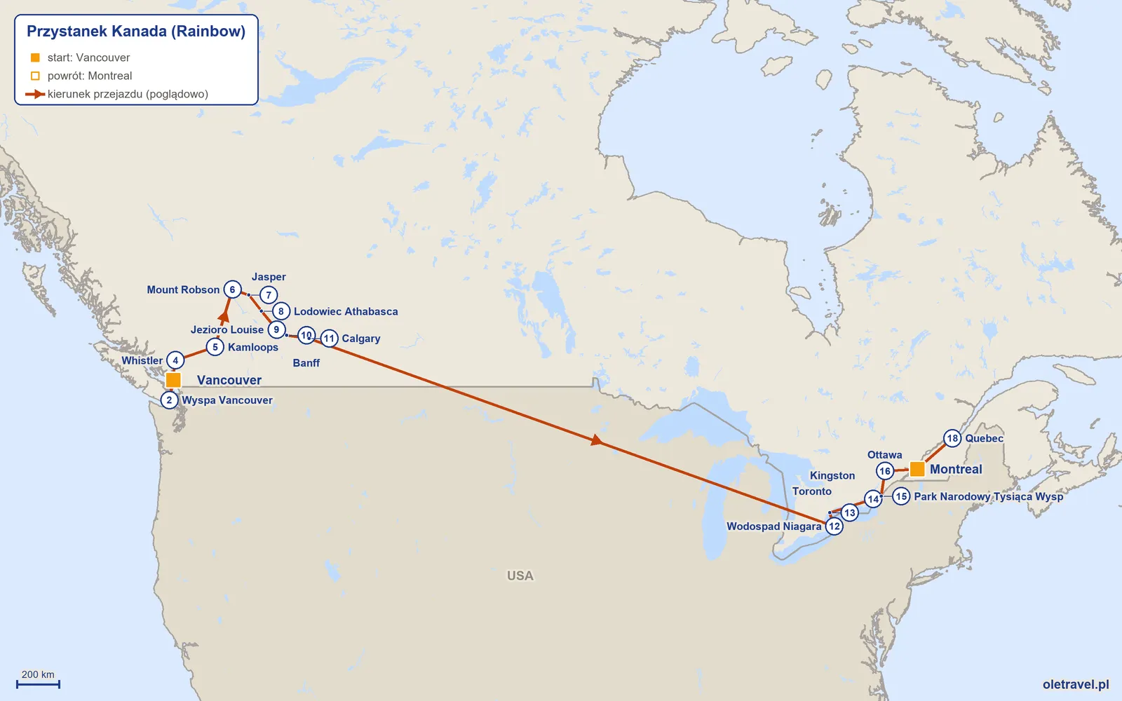 Mapa trasy wycieczki „Przystanek Kanada” z Rainbow: Vancouver – Wyspa Vancouver – Vancouver – Whistler – Kamloops – Mount Robson – Jasper – Lodowiec Athabasca – Jezioro Louise – Banff – Calgary – Wodospad Niagara – Toronto – Kingston – Park Narodowy Tysiąca Wysp – Ottawa – Montreal – Quebec – Montreal
