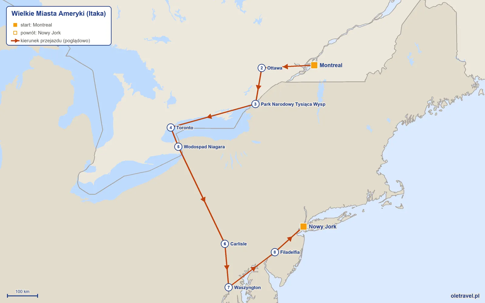 Mapa trasy wycieczki „Wielkie Miasta Ameryki” z Itaką: Montreal – Ottawa – Park Narodowy Tysiąca Wysp – Toronto – Wodospad Niagara – Carlisle – Waszyngton – Filadelfia – Nowy Jork
