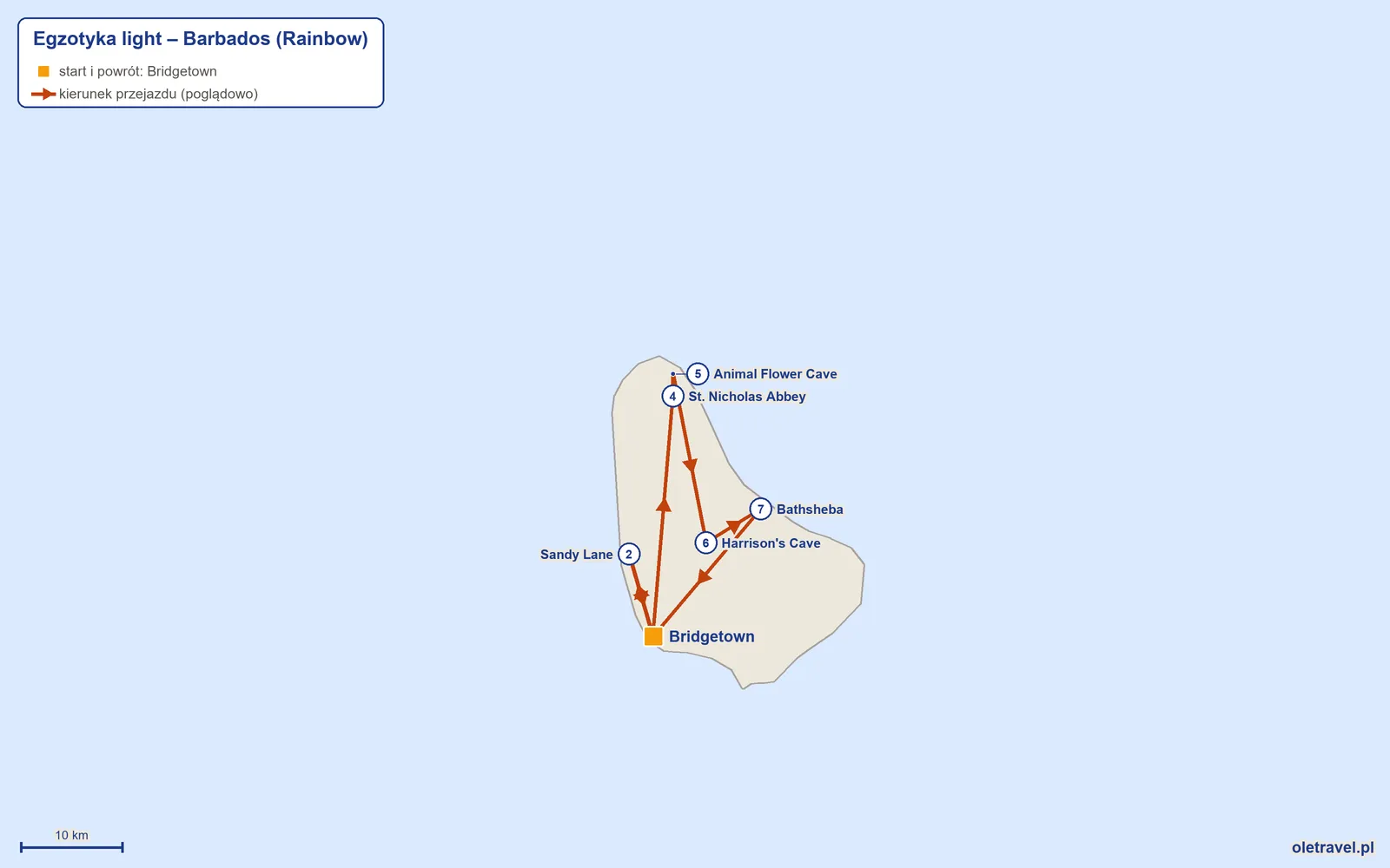 Mapa trasy wycieczki „Egzotyka light – Barbados” z Rainbow: Bridgetown – Sandy Lane – Bridgetown – St. Nicholas Abbey – Animal Flower Cave – Harrison's Cave – Bathsheba – Bridgetown