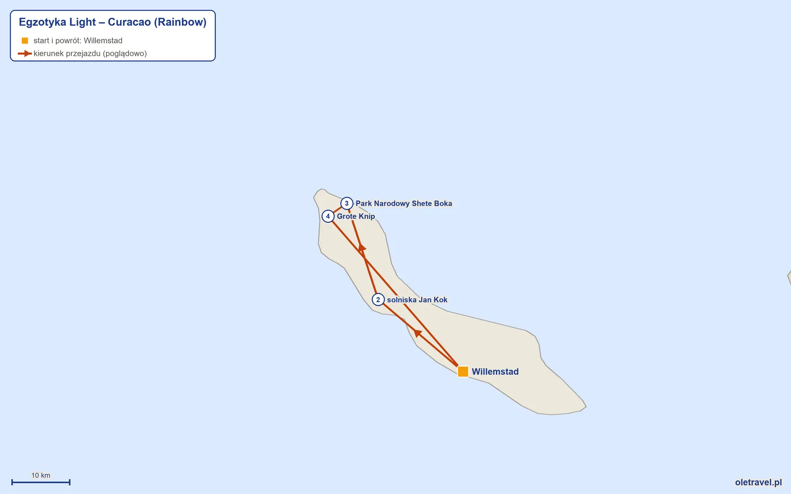 Mapa trasy wycieczki „Egzotyka Light – Curacao” z Rainbow: Willemstad – solniska Jan Kok – Park Narodowy Shete Boka – Grote Knip – Willemstad