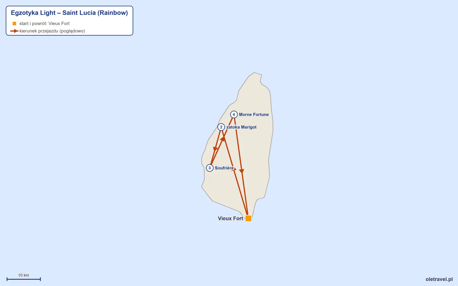 Mapa trasy wycieczki „Egzotyka Light – Saint Lucia” z Rainbow: Vieux Fort – zatoka Marigot – Soufrière – Morne Fortune – Vieux Fort