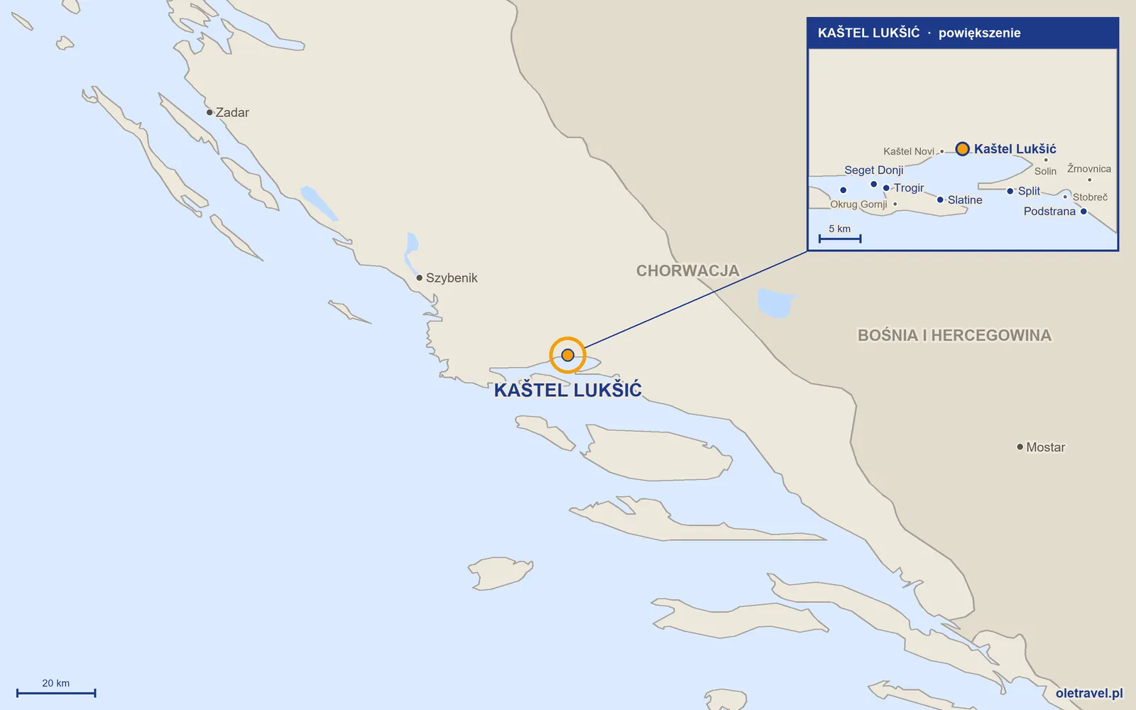 Mapa Chorwacji z zaznaczonym położeniem: Kaštel Lukšić; w powiększeniu okolice z sąsiednimi miejscowościami