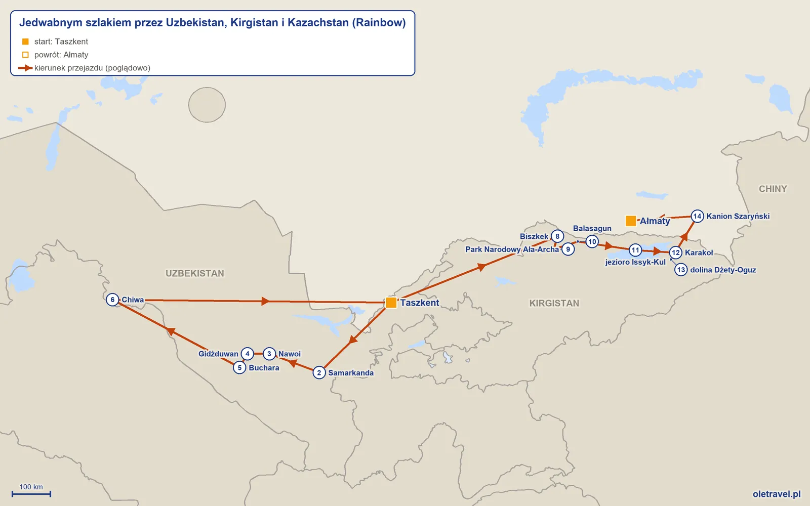 Mapa trasy wycieczki „Jedwabnym szlakiem przez Uzbekistan, Kirgistan i Kazachstan” z Rainbow: Taszkent – Samarkanda – Nawoi – Gidżduwan – Buchara – Chiwa – Taszkent – Biszkek – Park Narodowy Ała-Archa – Balasagun – jezioro Issyk-Kul – Karakoł – dolina Dżety-Oguz – Kanion Szaryński – Ałmaty