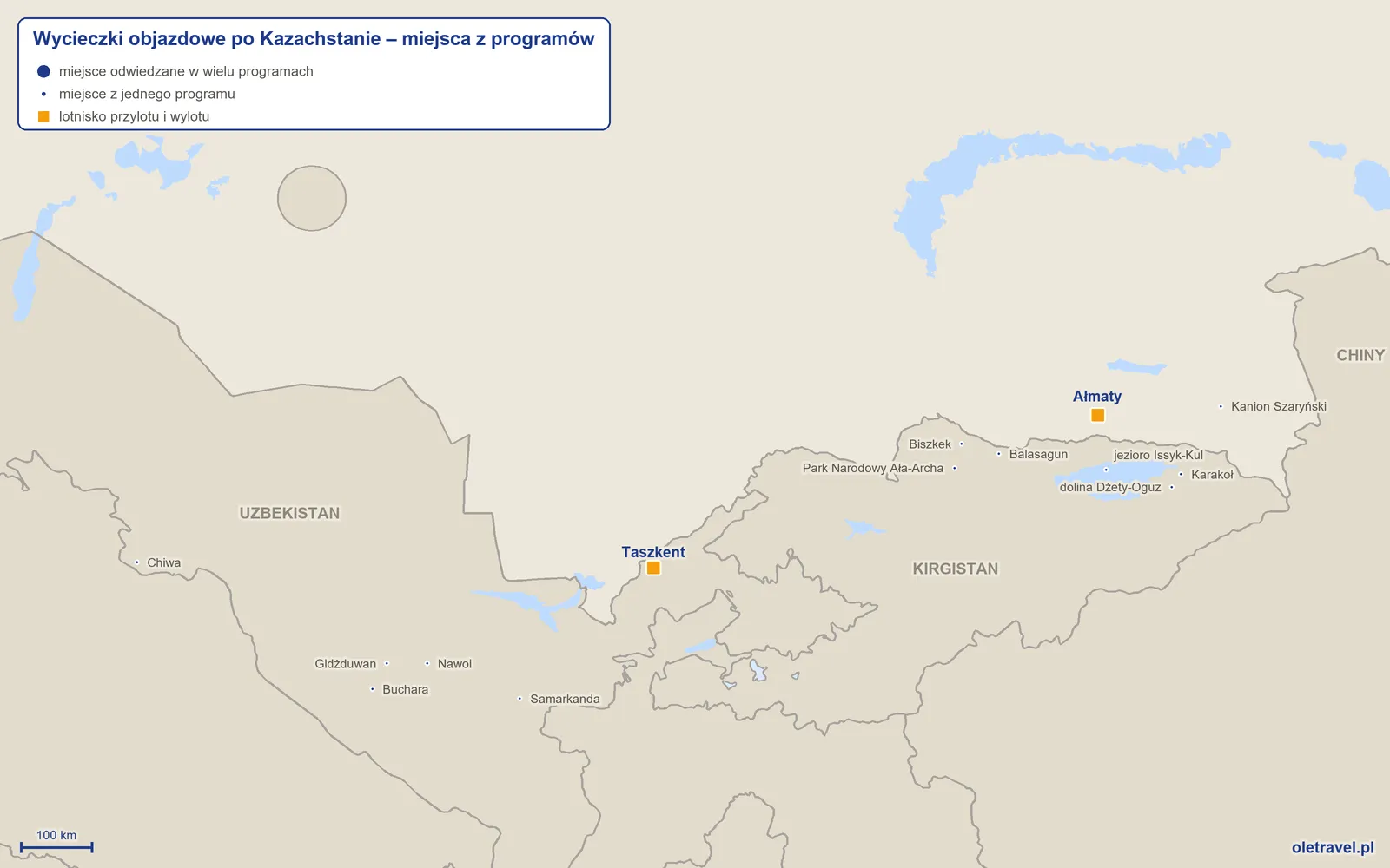 Mapa: Kazachstan z miejscami odwiedzanymi na wycieczkach objazdowych z naszej oferty