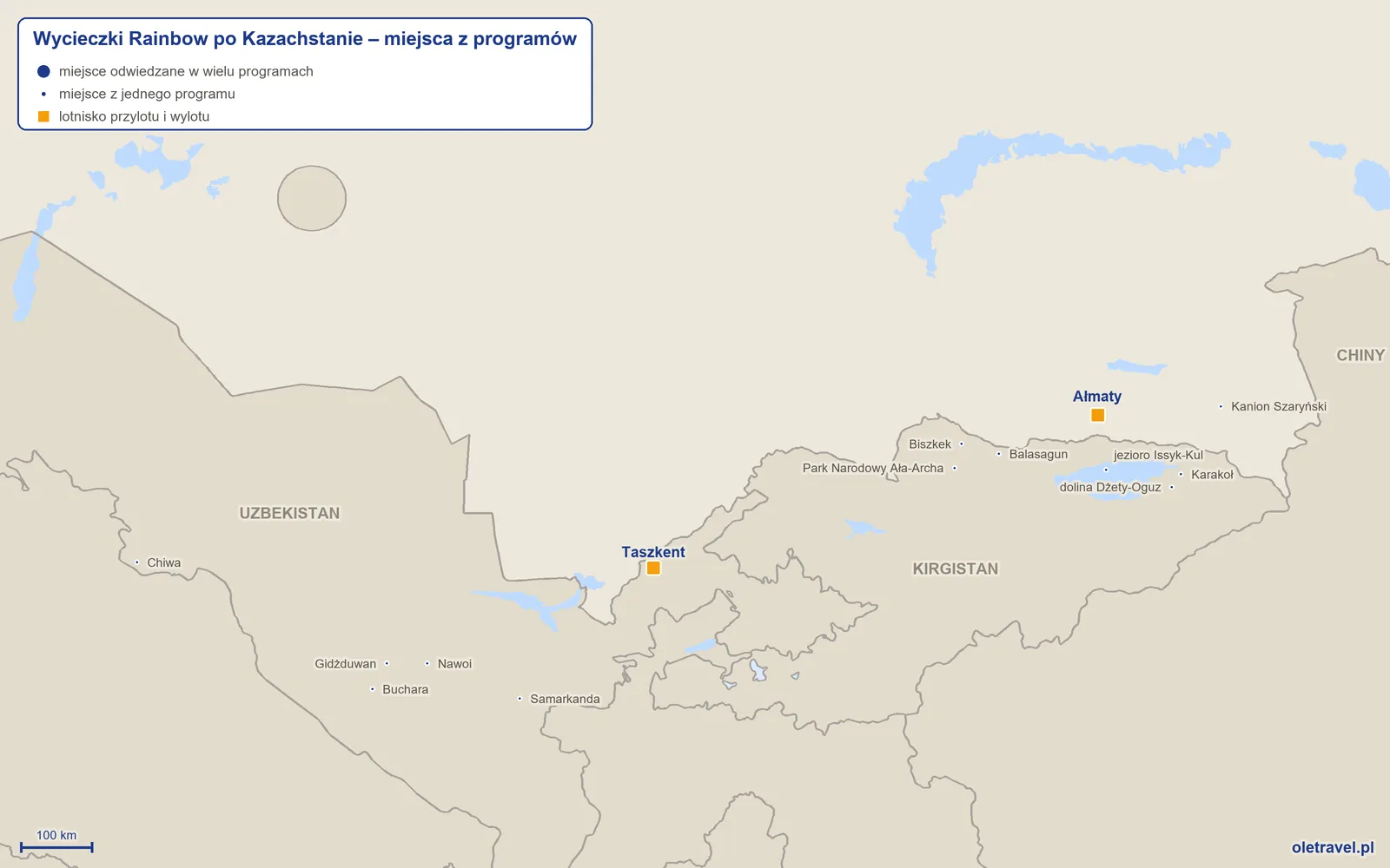 Mapa: Kazachstan z miejscami z programów wycieczek objazdowych Rainbow