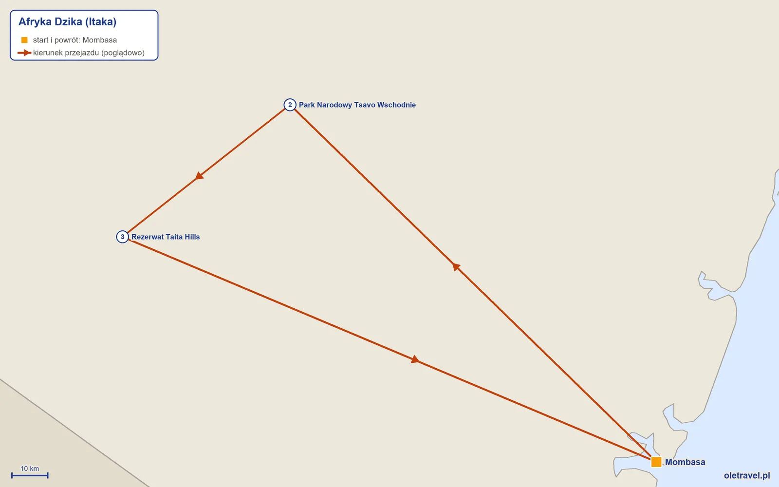 Mapa trasy wycieczki „Afryka Dzika” z Itaką: Mombasa – Park Narodowy Tsavo Wschodnie – Rezerwat Taita Hills – Mombasa