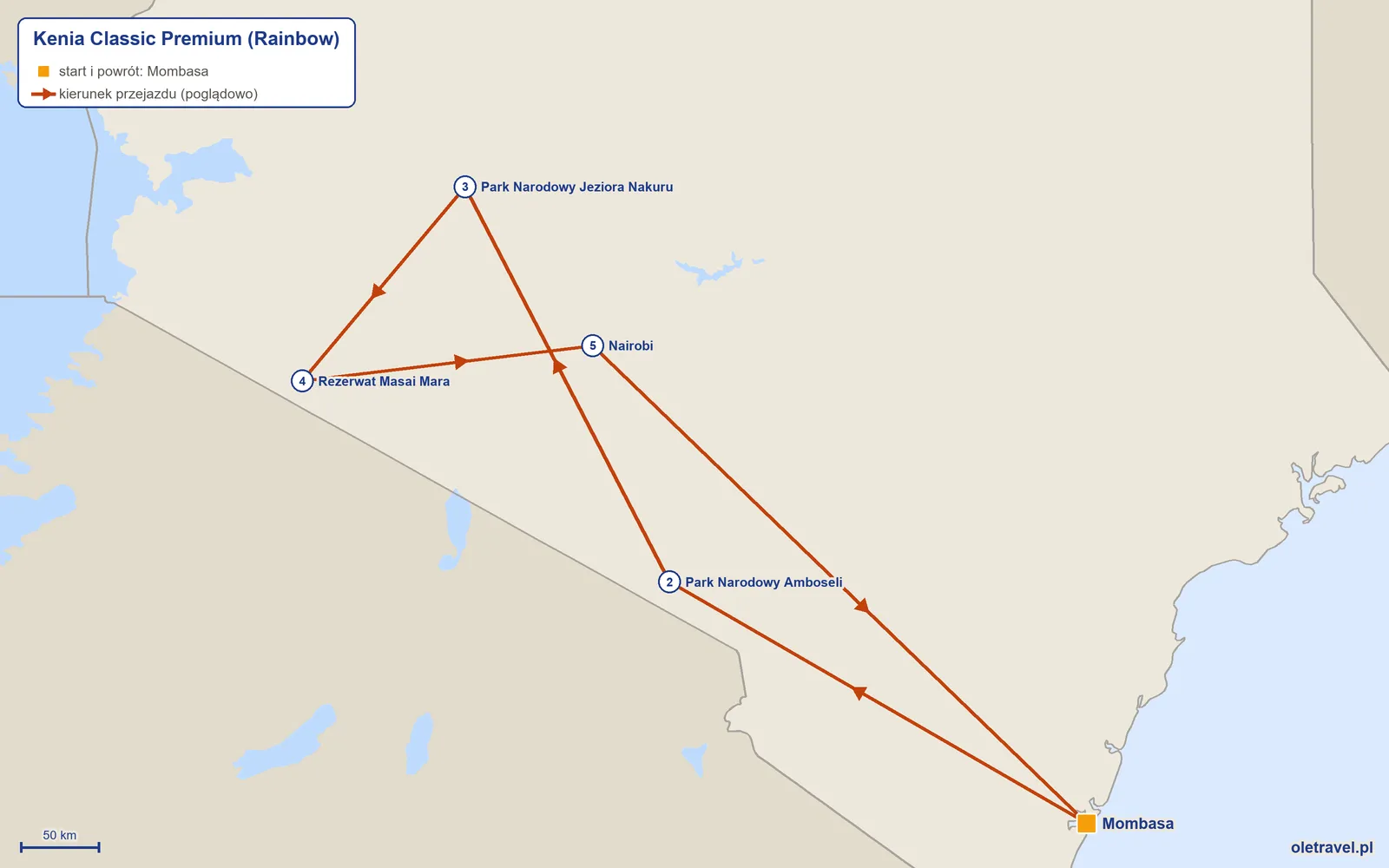 Mapa trasy wycieczki „Kenia Classic Premium” z Rainbow: Mombasa – Park Narodowy Amboseli – Park Narodowy Jeziora Nakuru – Rezerwat Masai Mara – Nairobi – Mombasa