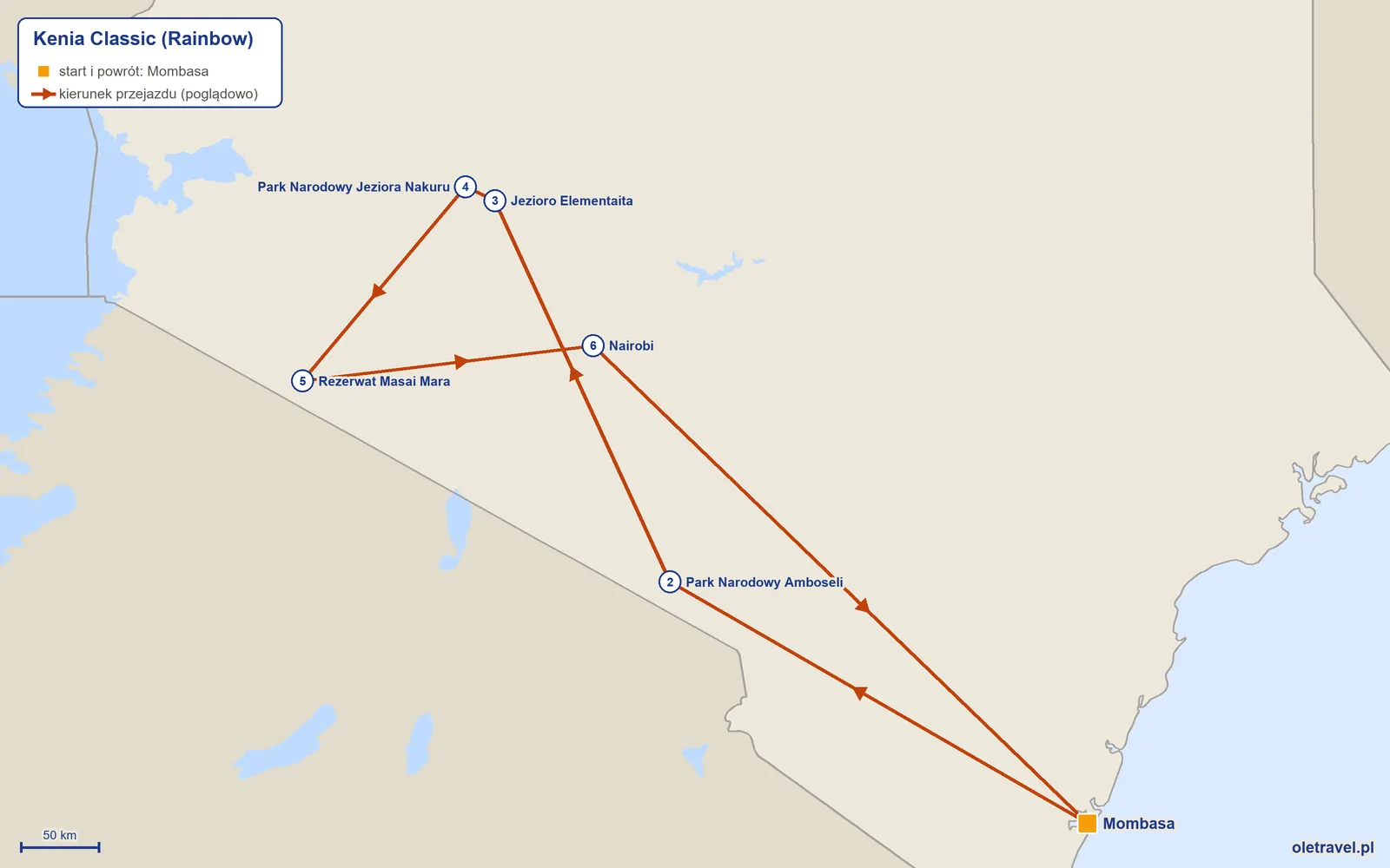 Mapa trasy wycieczki „Kenia Classic” z Rainbow: Mombasa – Park Narodowy Amboseli – Jezioro Elementaita – Park Narodowy Jeziora Nakuru – Rezerwat Masai Mara – Nairobi – Mombasa