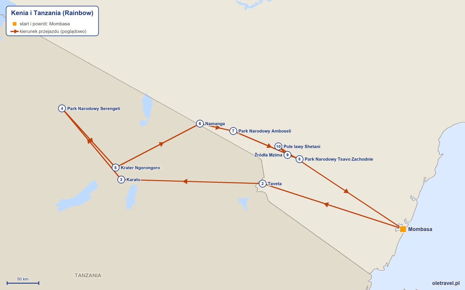 Mapa trasy wycieczki „Kenia i Tanzania” z Rainbow: Mombasa – Taveta – Karatu – Park Narodowy Serengeti – Krater Ngorongoro – Namanga – Park Narodowy Amboseli – Park Narodowy Tsavo Zachodnie – Źródła Mzima – Pole lawy Shetani – Mombasa