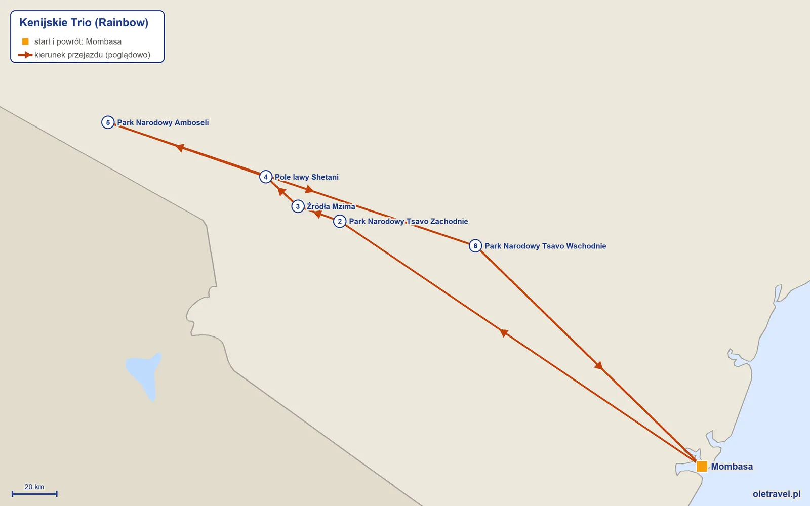 Mapa trasy wycieczki „Kenijskie Trio” z Rainbow: Mombasa – Park Narodowy Tsavo Zachodnie – Źródła Mzima – Pole lawy Shetani – Park Narodowy Amboseli – Park Narodowy Tsavo Wschodnie – Mombasa