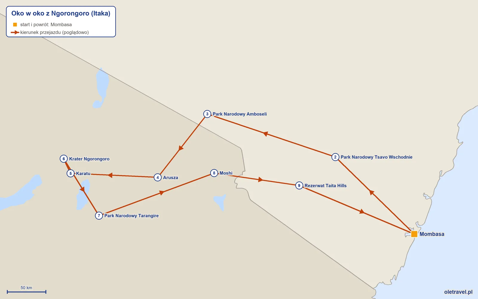 Mapa trasy wycieczki „Oko w oko z Ngorongoro” z Itaką: Mombasa – Park Narodowy Tsavo Wschodnie – Park Narodowy Amboseli – Arusza – Karatu – Krater Ngorongoro – Park Narodowy Tarangire – Moshi – Rezerwat Taita Hills – Mombasa