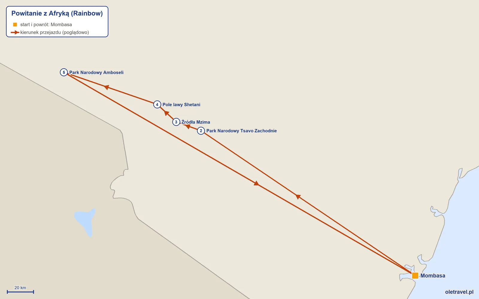 Mapa trasy wycieczki „Powitanie z Afryką” z Rainbow: Mombasa – Park Narodowy Tsavo Zachodnie – Źródła Mzima – Pole lawy Shetani – Park Narodowy Amboseli – Mombasa