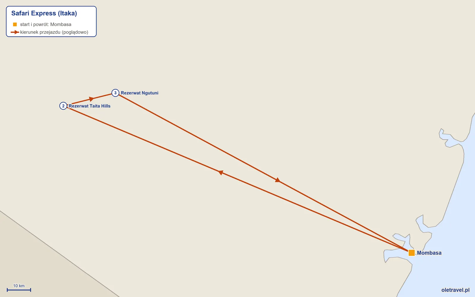 Mapa trasy wycieczki „Safari Express” z Itaką: Mombasa – Rezerwat Taita Hills – Rezerwat Ngutuni – Mombasa