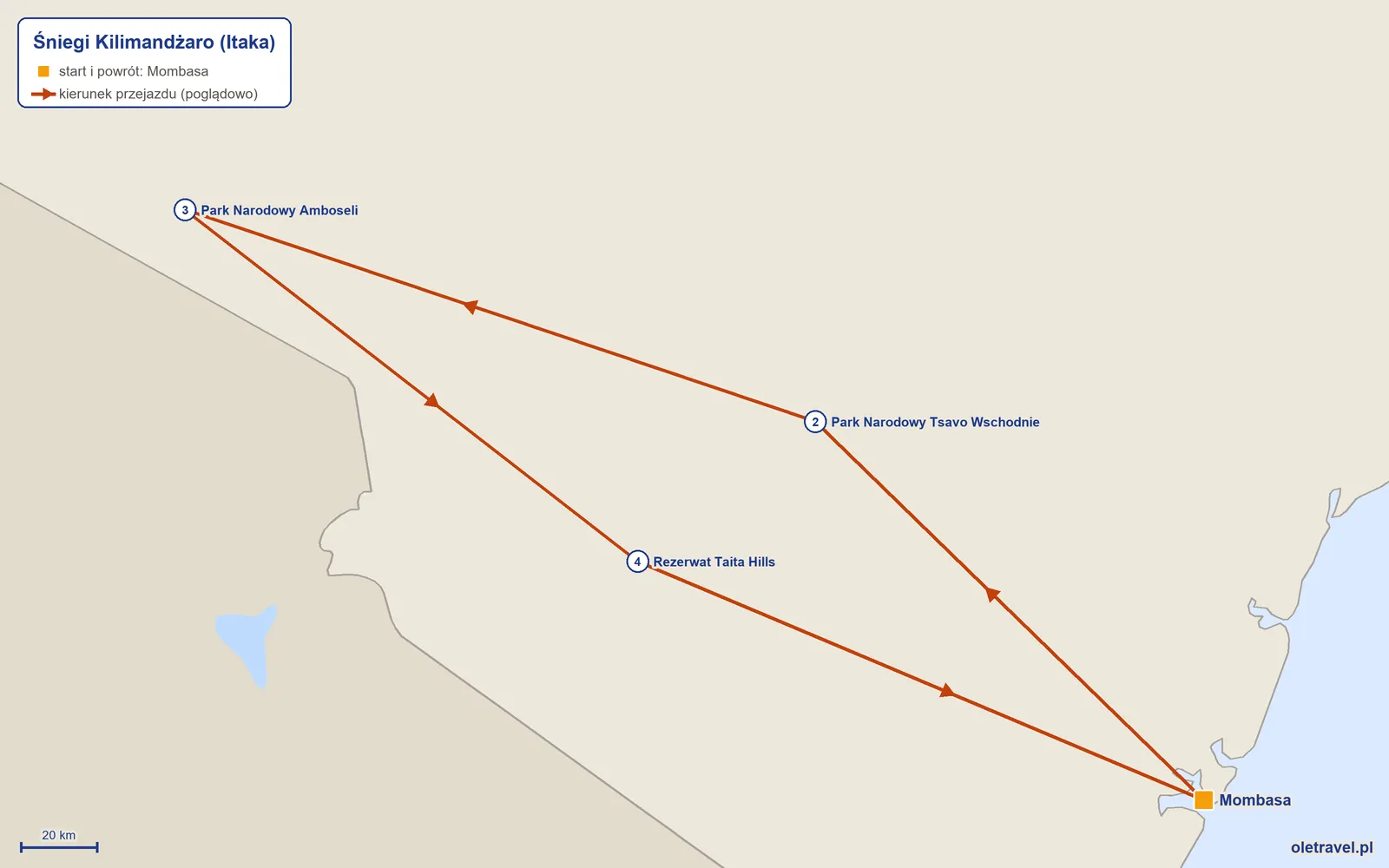 Mapa trasy wycieczki „Śniegi Kilimandżaro” z Itaką: Mombasa – Park Narodowy Tsavo Wschodnie – Park Narodowy Amboseli – Rezerwat Taita Hills – Mombasa