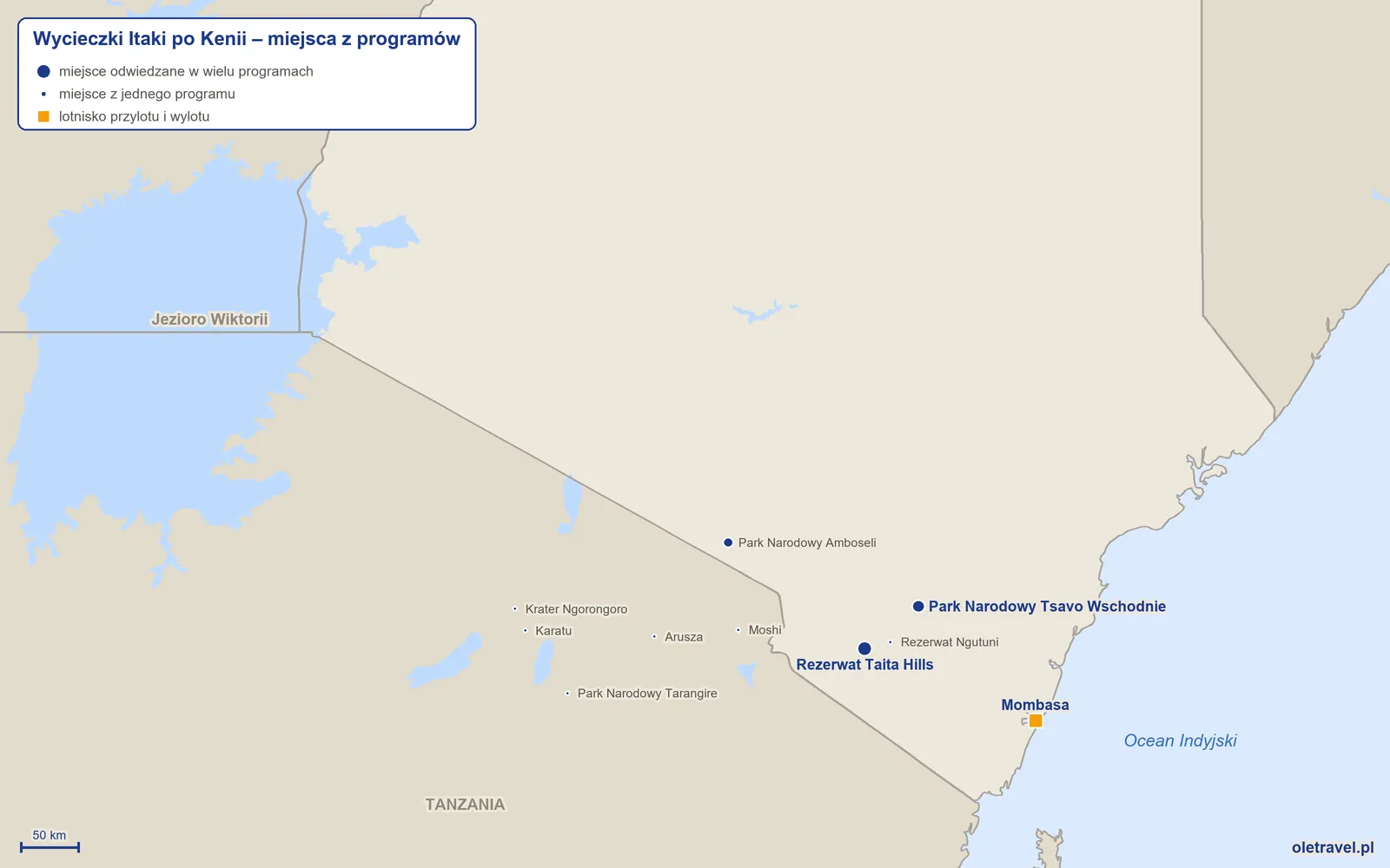 Mapa: Kenia z miejscami z programów wycieczek objazdowych Itaki