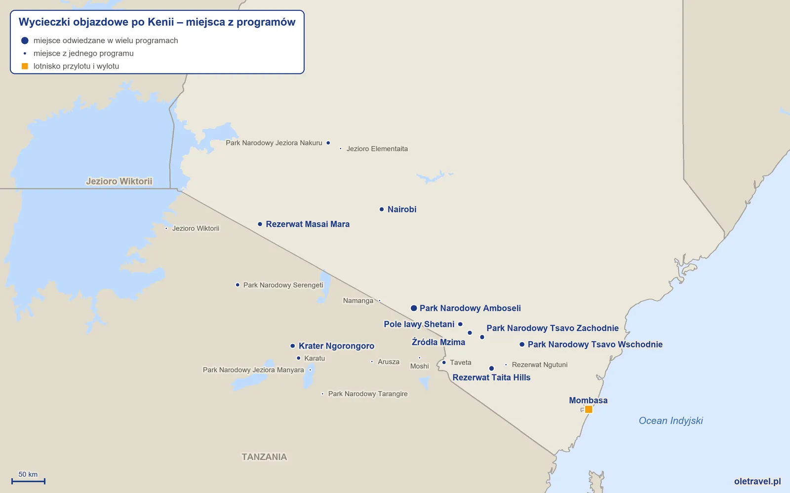 Mapa: Kenia z miejscami odwiedzanymi na wycieczkach objazdowych z naszej oferty