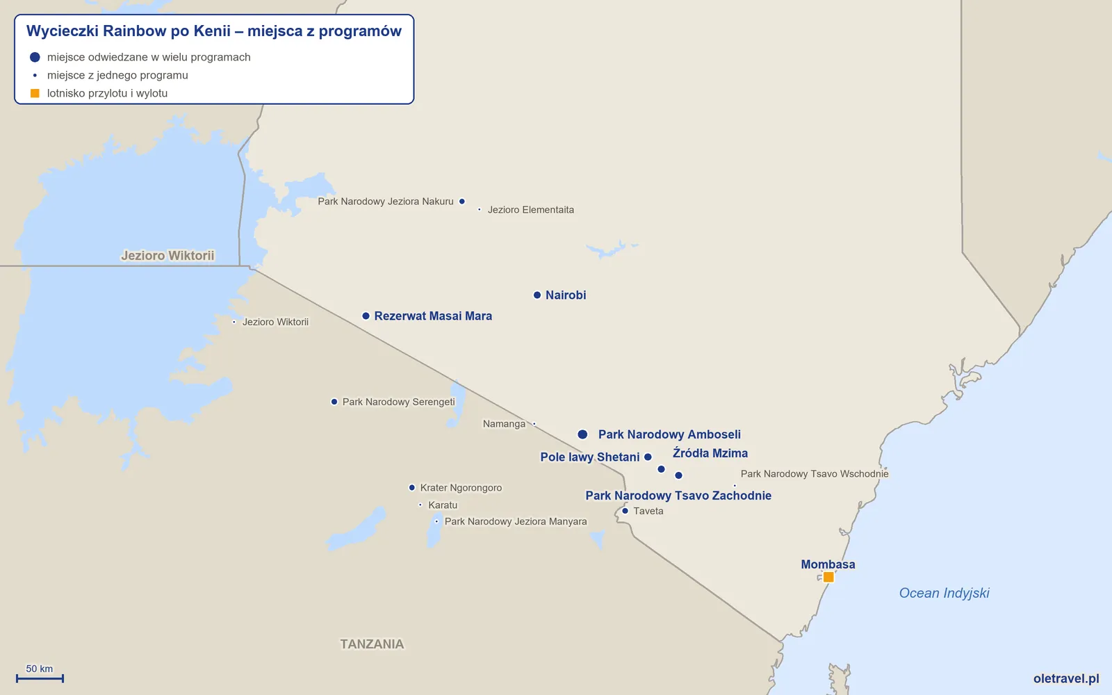 Mapa: Kenia z miejscami z programów wycieczek objazdowych Rainbow