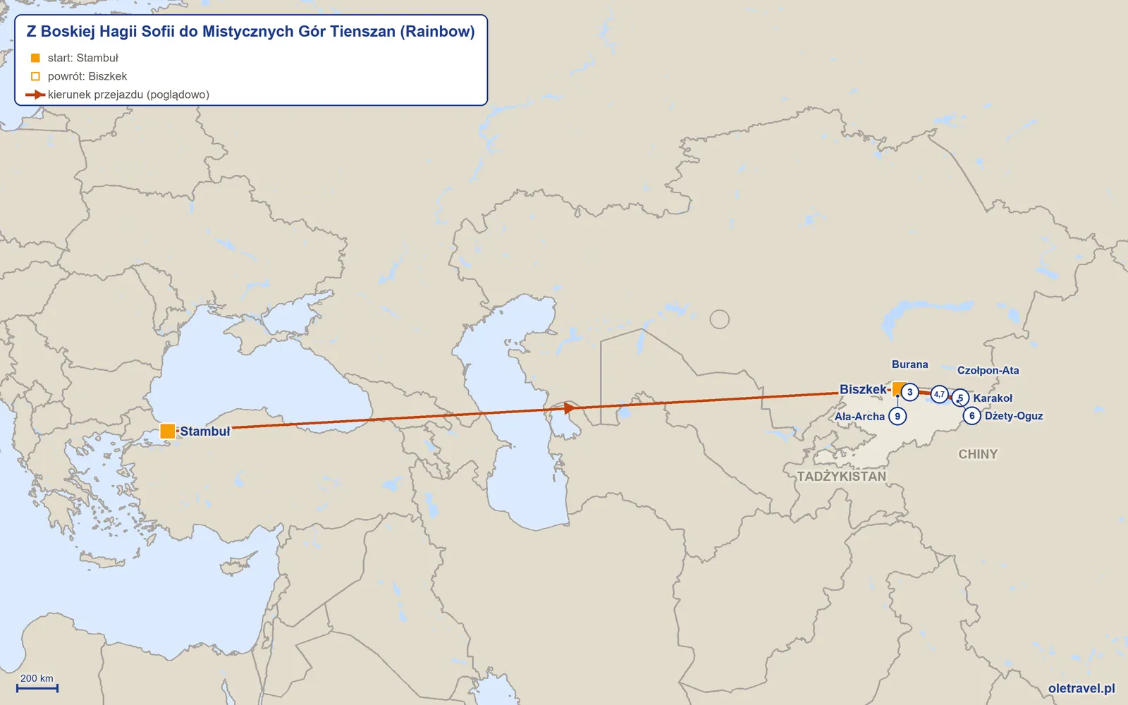 Mapa trasy wycieczki „Z Boskiej Hagii Sofii do Mistycznych Gór Tienszan” z Rainbow: Stambuł – Biszkek – Burana – Czołpon-Ata – Karakoł – Dżety-Oguz – Czołpon-Ata – Biszkek – Ała-Archa – Biszkek