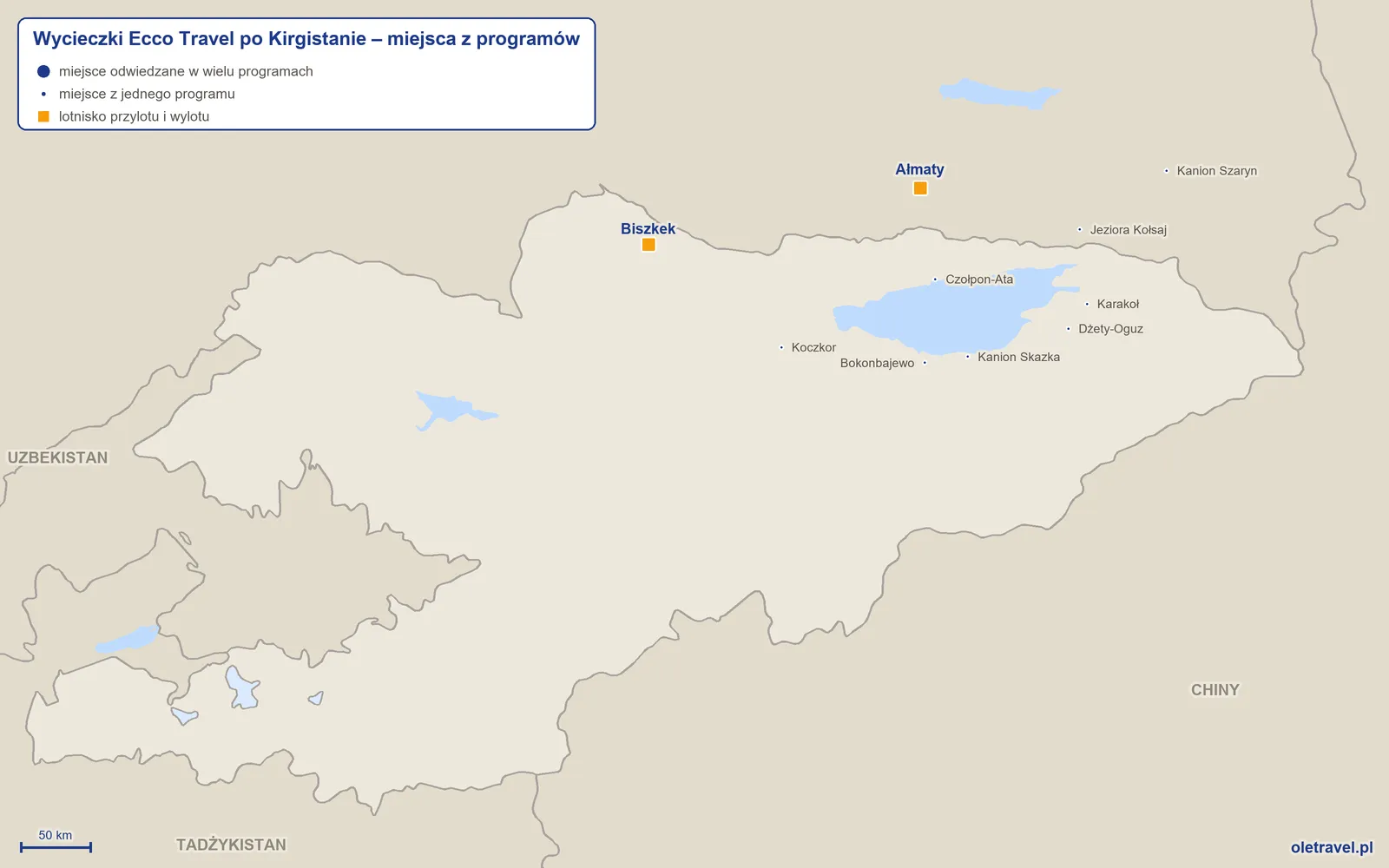 Mapa: Kirgistan z miejscami z programów wycieczek objazdowych Ecco Travel