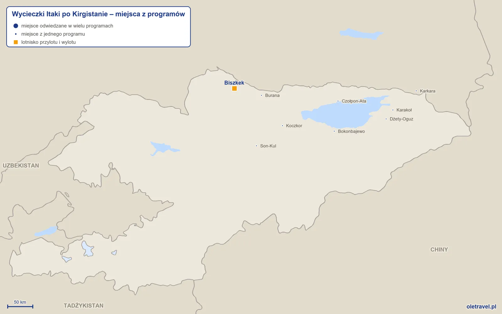 Mapa: Kirgistan z miejscami z programów wycieczek objazdowych Itaki