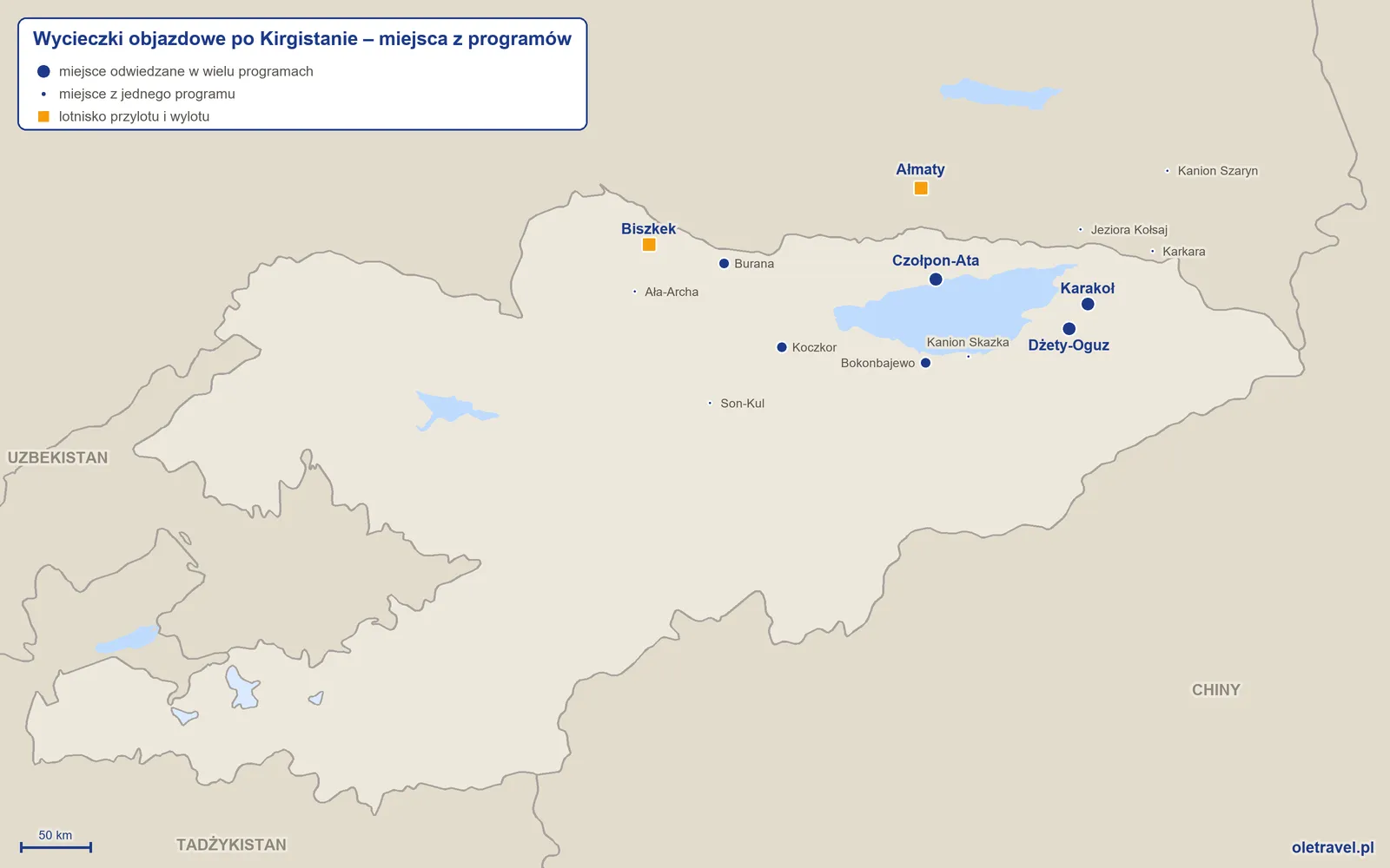 Mapa: Kirgistan z miejscami odwiedzanymi na wycieczkach objazdowych z naszej oferty