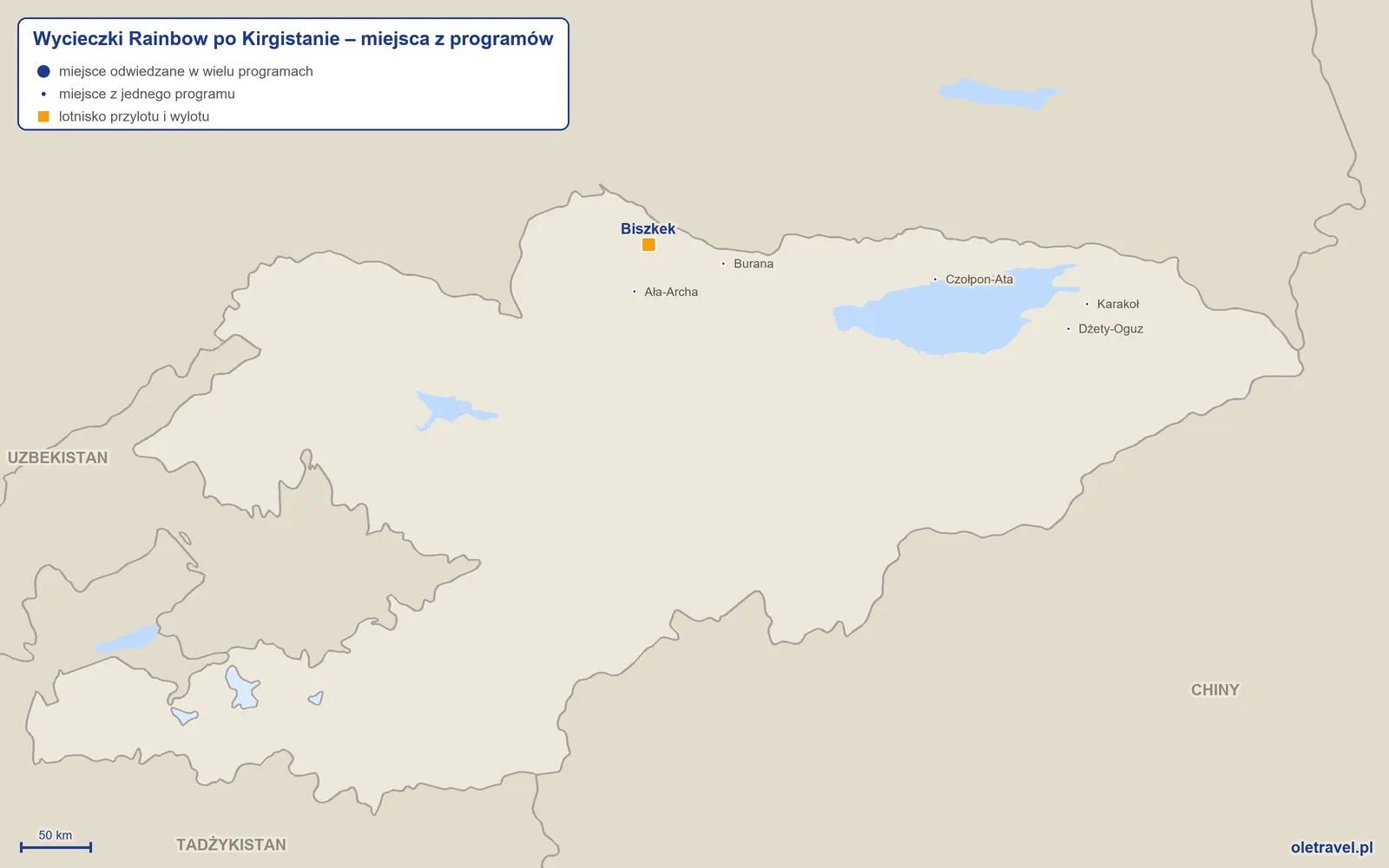 Mapa: Kirgistan z miejscami z programów wycieczek objazdowych Rainbow