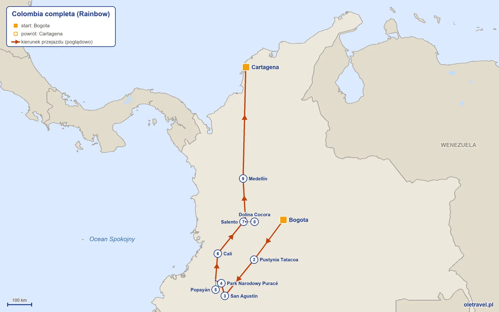 Mapa trasy wycieczki „Colombia completa” z Rainbow: Bogota – Pustynia Tatacoa – San Agustín – Park Narodowy Puracé – Popayán – Cali – Salento – Dolina Cocora – Medellín – Cartagena