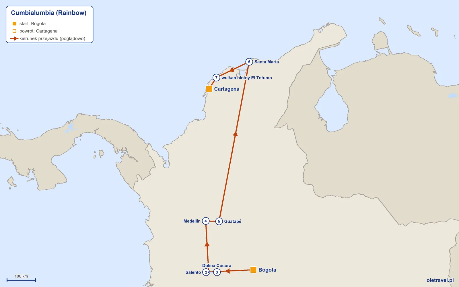 Mapa trasy wycieczki „Cumbialumbia” z Rainbow: Bogota – Salento – Dolina Cocora – Medellín – Guatapé – Santa Marta – wulkan błotny El Totumo – Cartagena