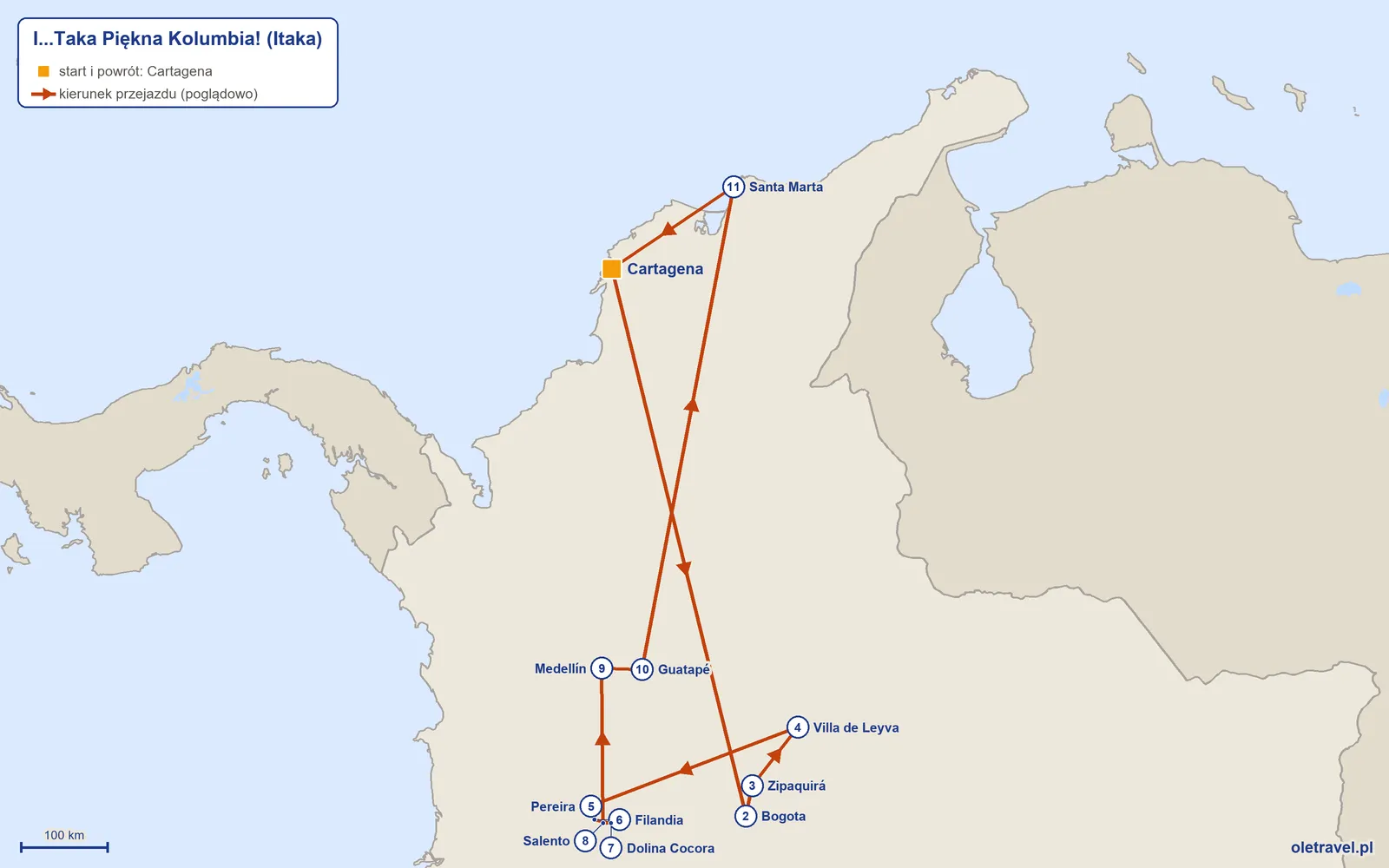 Mapa trasy wycieczki „I...Taka Piękna Kolumbia!” z Itaką: Cartagena – Bogota – Zipaquirá – Villa de Leyva – Pereira – Filandia – Dolina Cocora – Salento – Medellín – Guatapé – Santa Marta – Cartagena